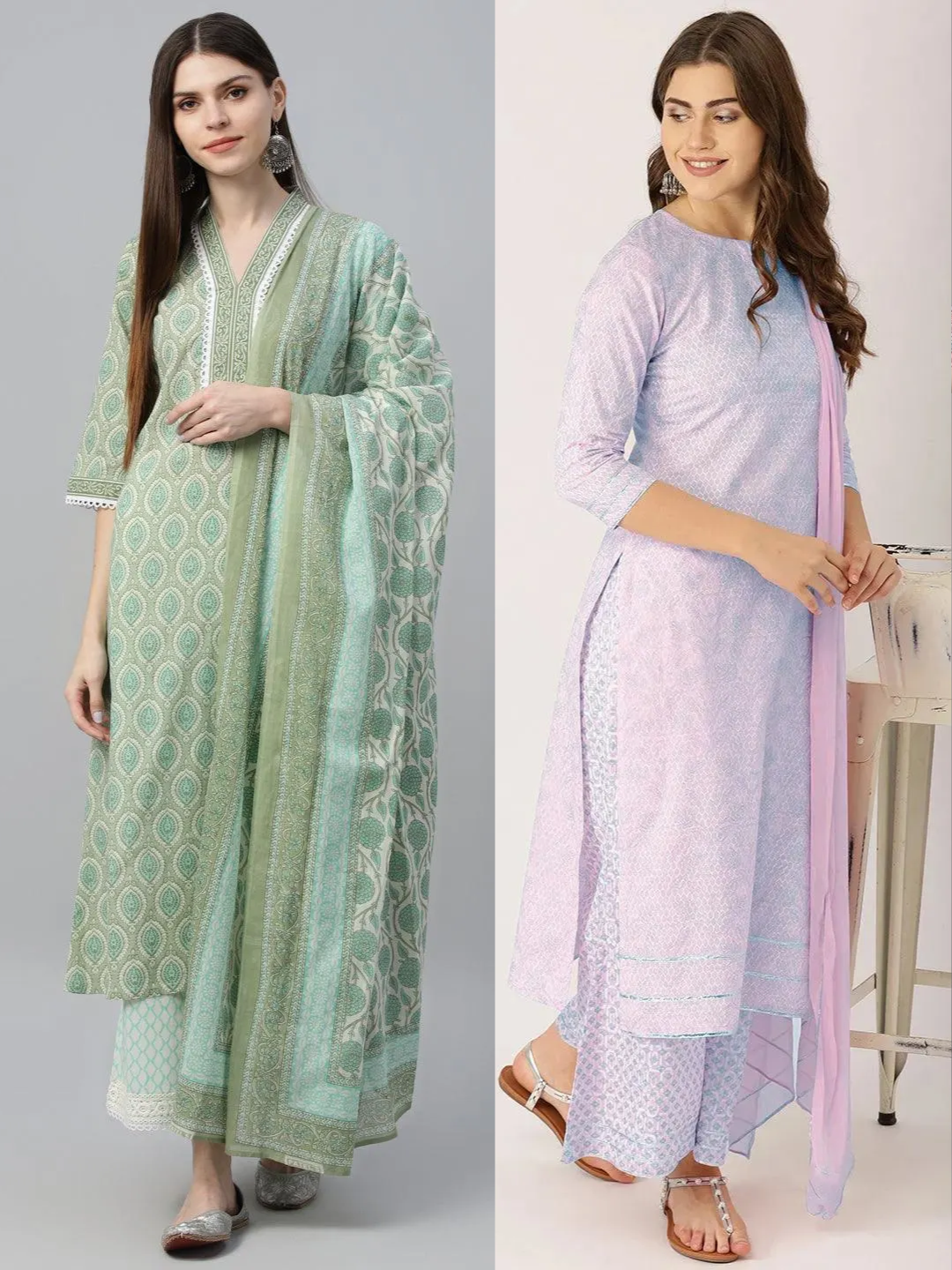 Printed Cotton Straight Kurta With Palazzos & Dupatta (PACK OF 2)