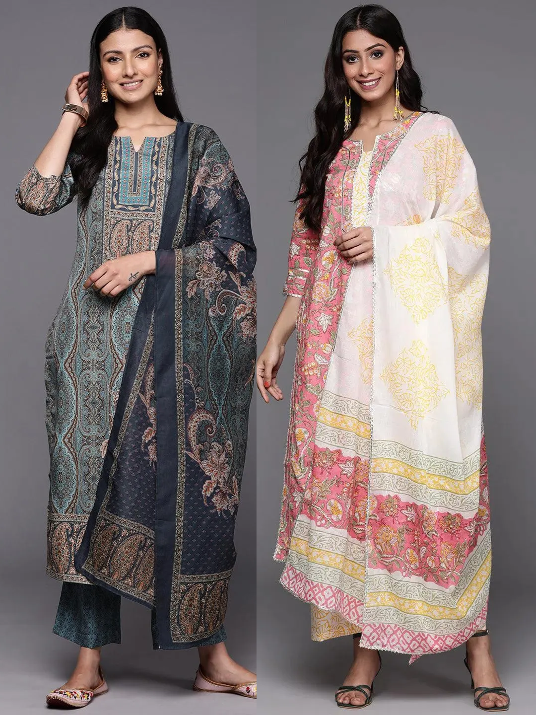 Printed Crepe Straight Kurta With Trousers & Dupatta (PACK OF 2)