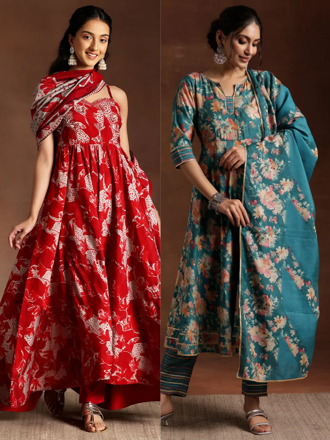 Printed Silk Blend Anarkali Suit With Dupatta (PACK OF 2)