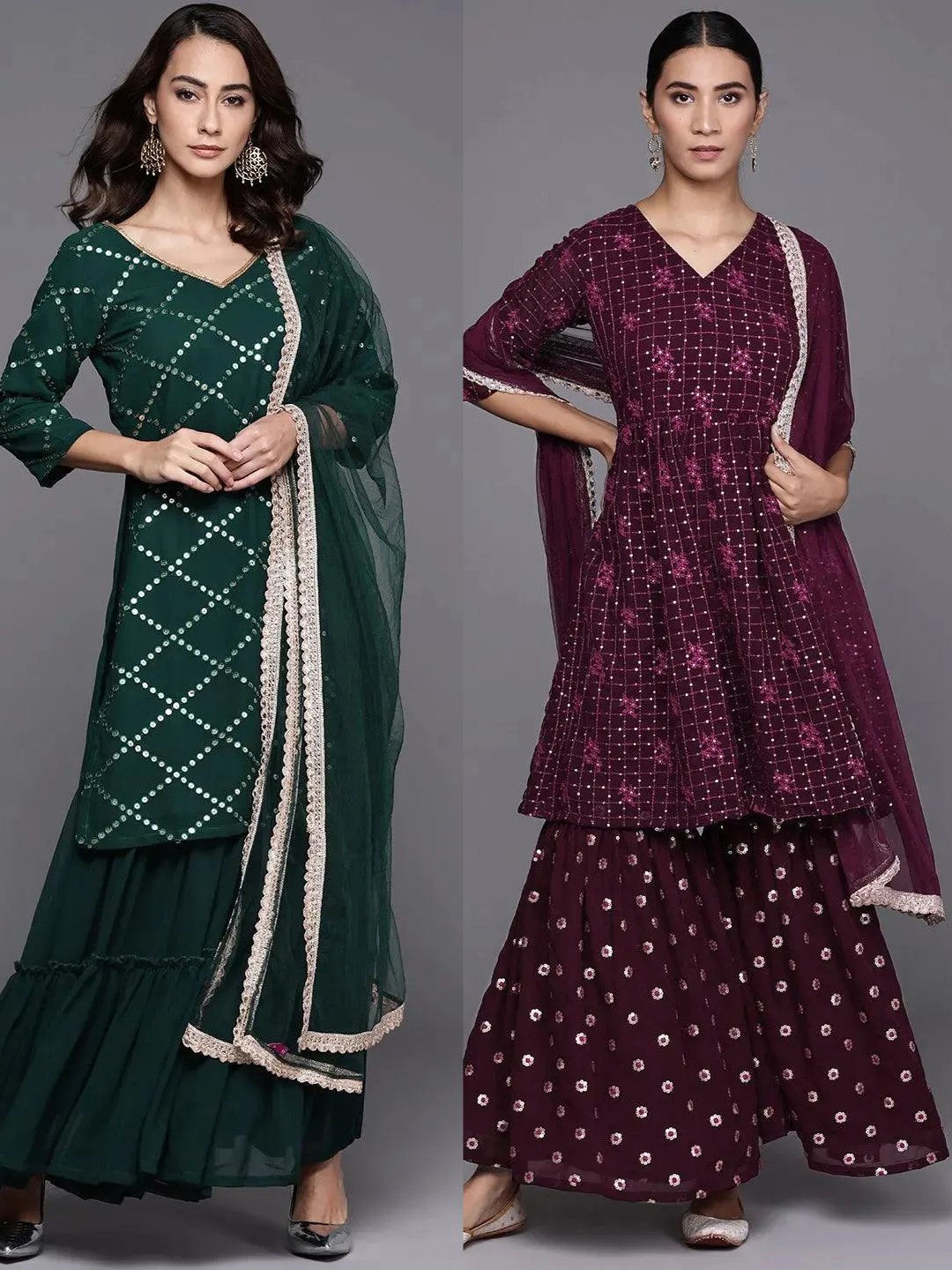 Embroidered Georgette Straight Sharara Suit Set With Dupatta (Pack Of 2)