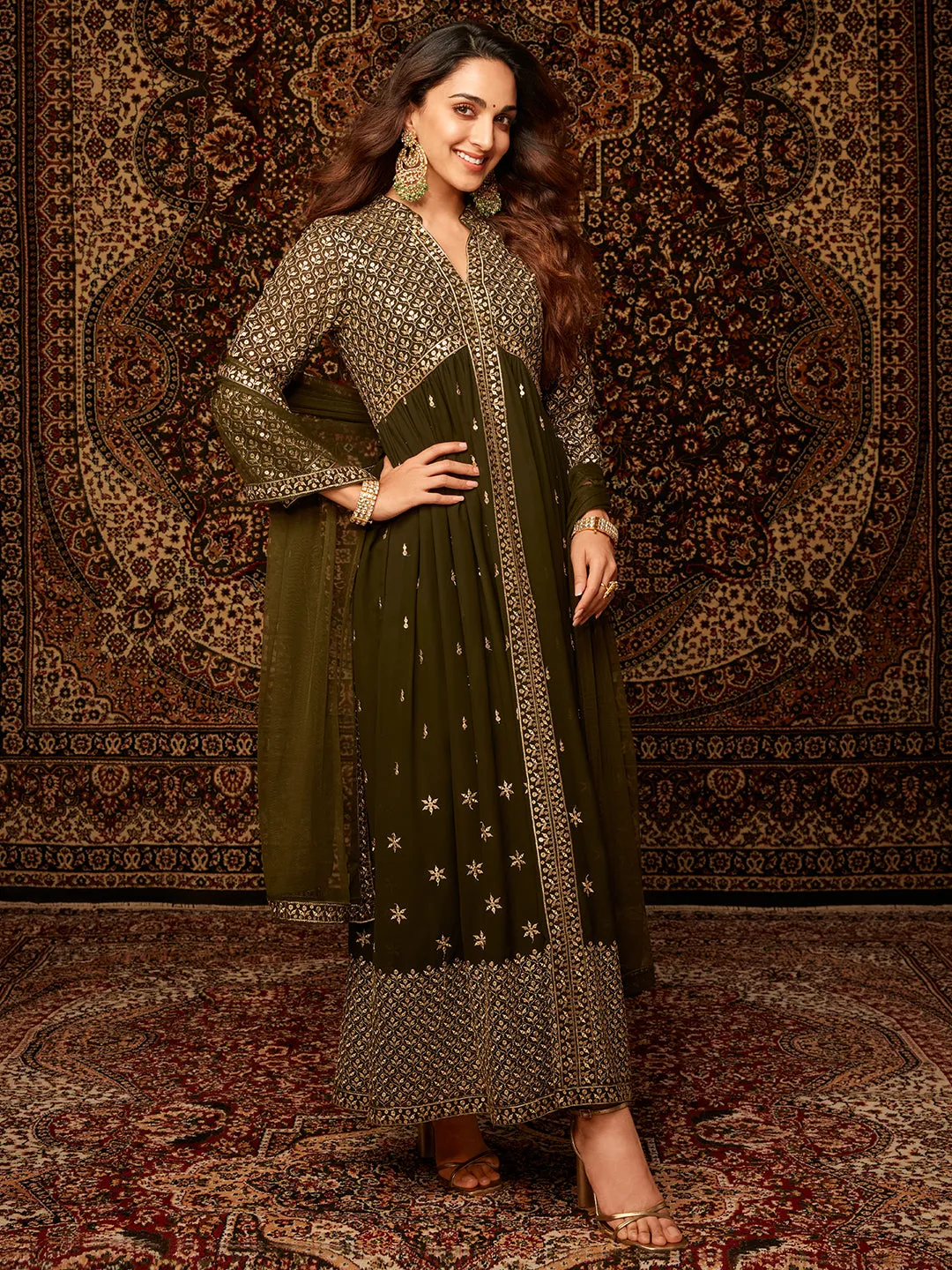New Art Chandni Olive Embroidered Georgette A-Line Kurta With Trousers & Dupatta