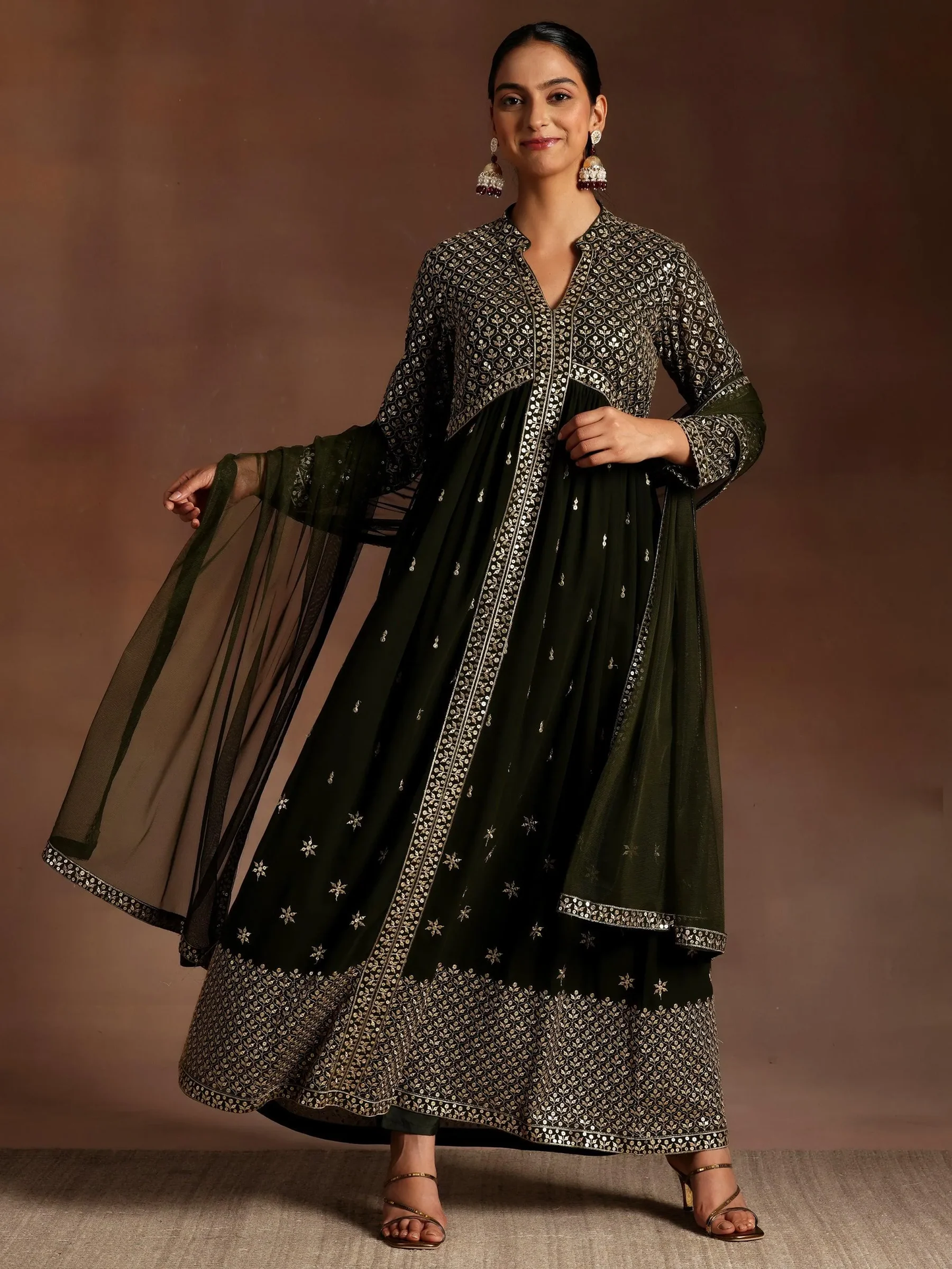 New Art Chandni Olive Embroidered Georgette A-Line Kurta With Trousers & Dupatta