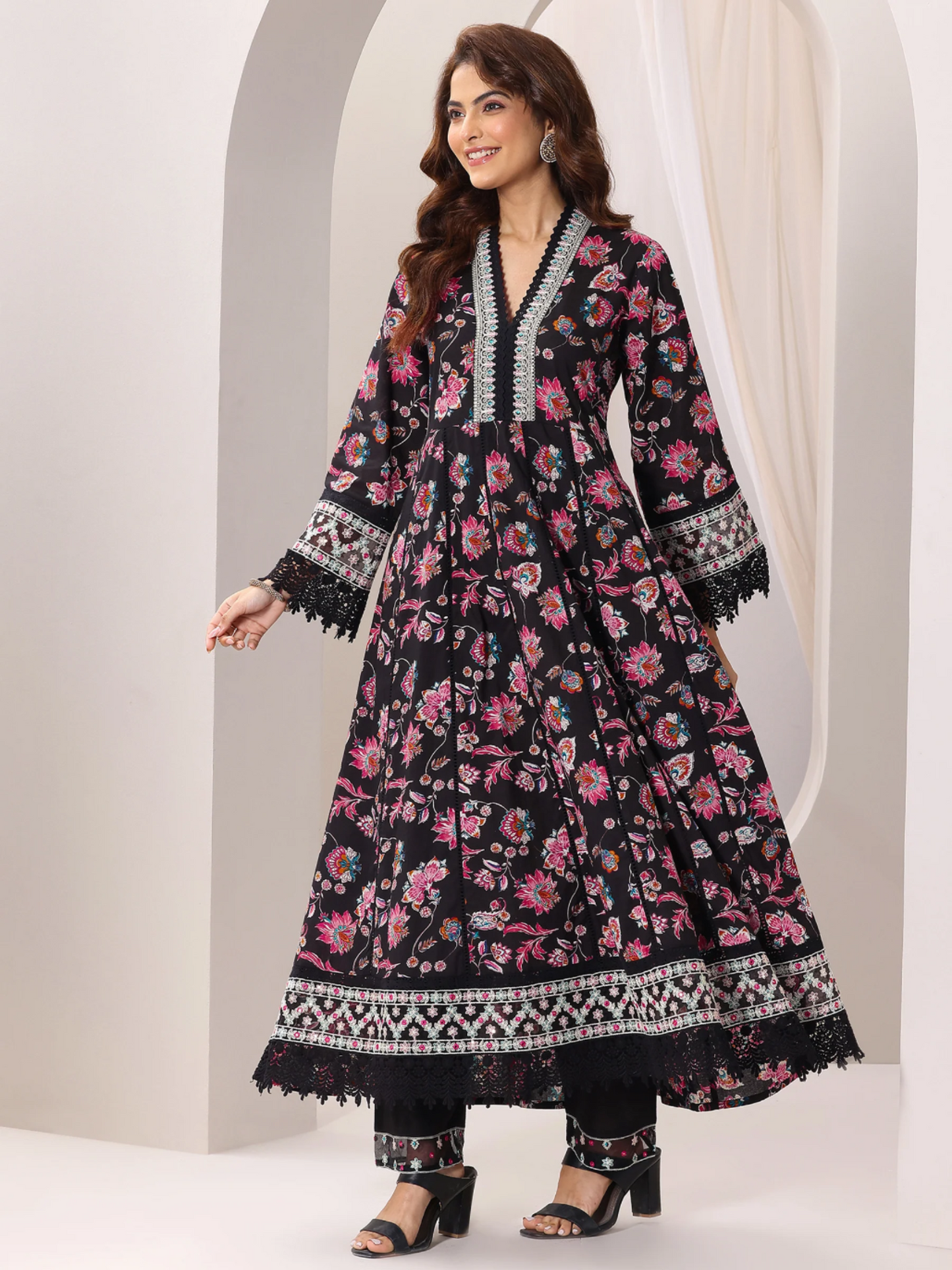Black Printed Cotton Anarkali Suit Set With Dupatta