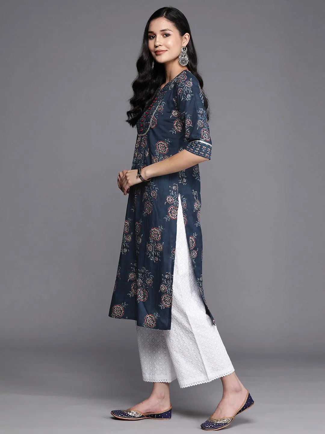 Blue Printed Cotton Straight Kurta