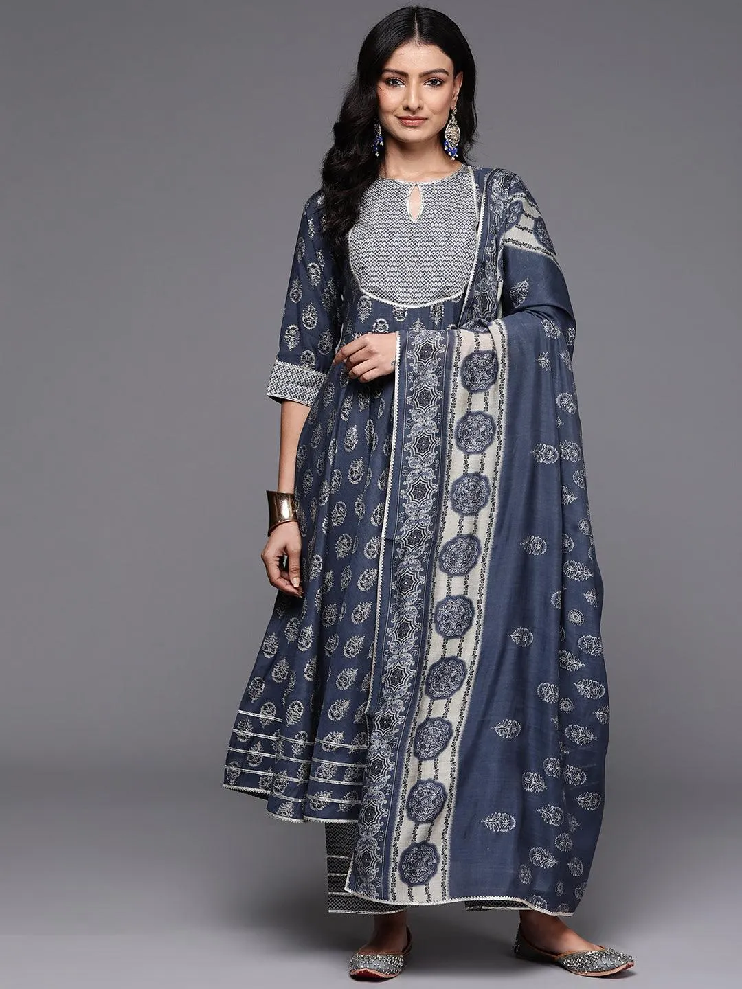 Printed Silk Blend Anarkali Suit With Dupatta (PACK OF 2)