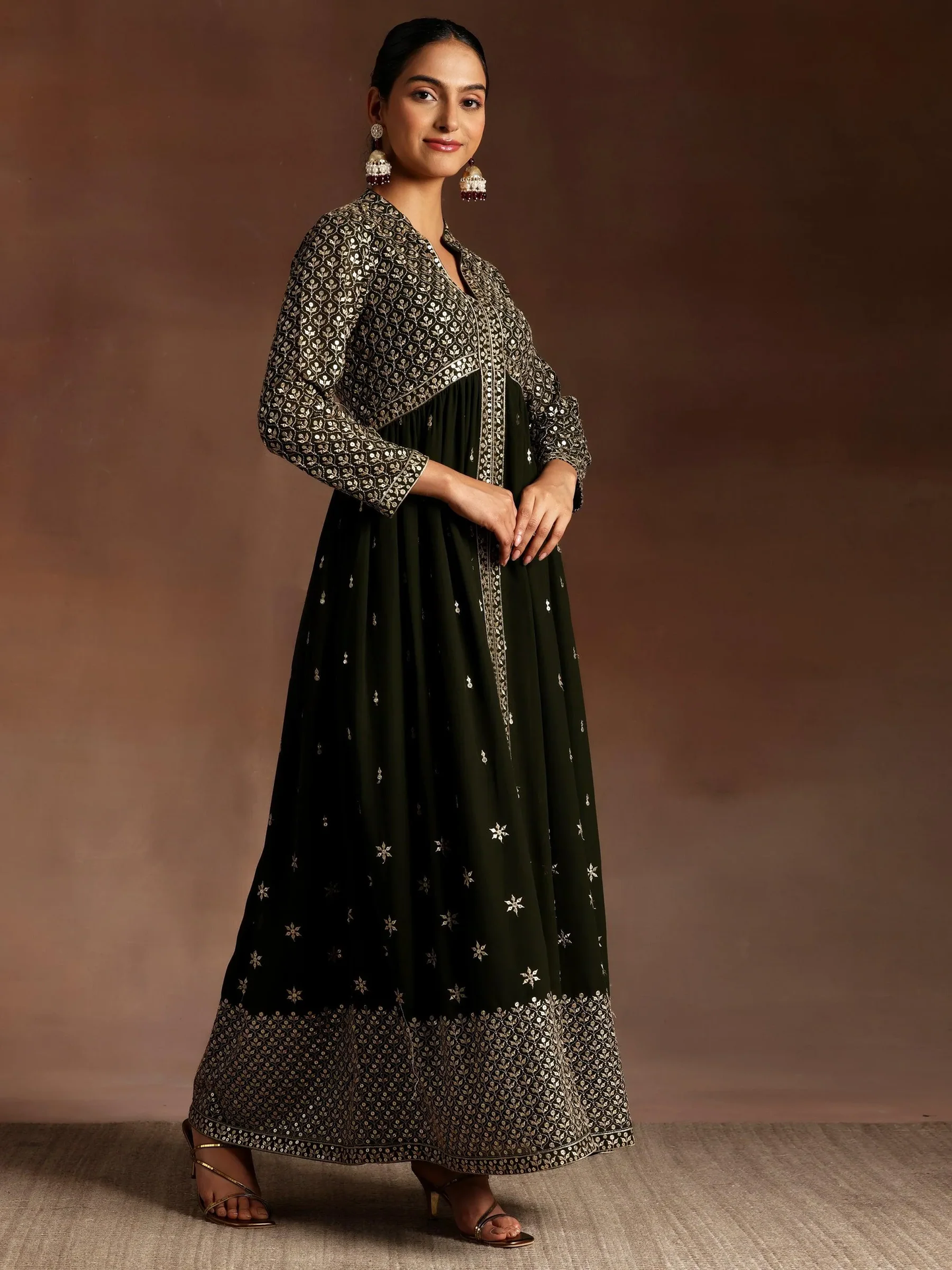 New Art Chandni Olive Embroidered Georgette A-Line Kurta With Trousers & Dupatta