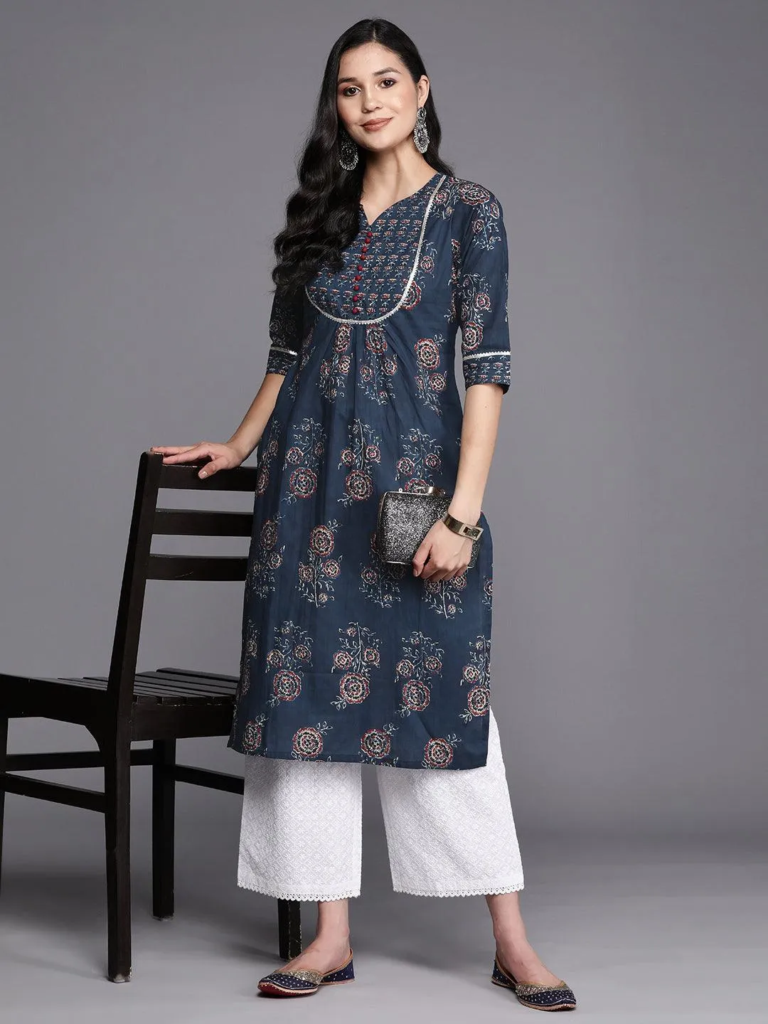 Blue Printed Cotton Straight Kurta