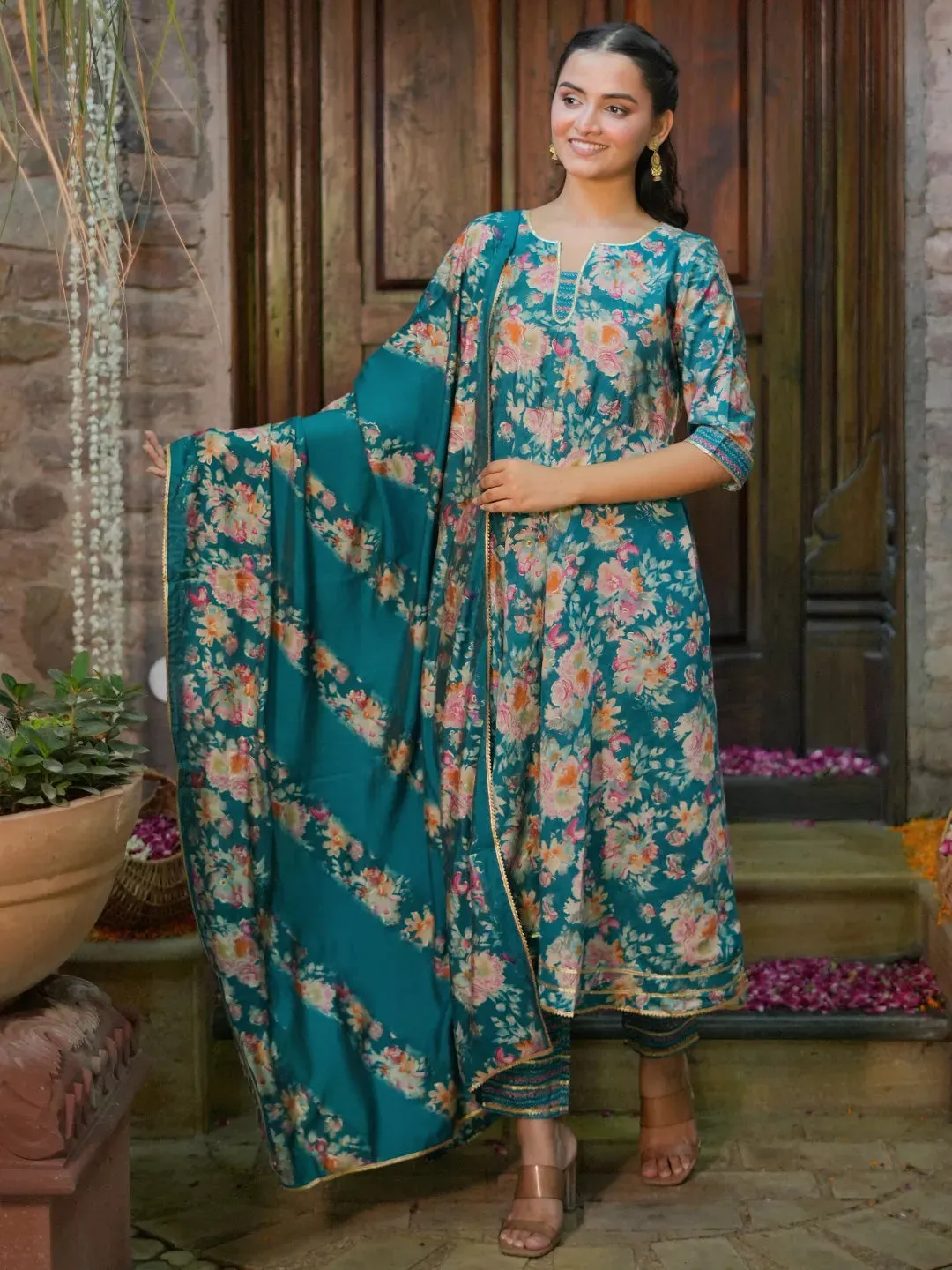 Printed Silk Blend Anarkali Suit With Dupatta (PACK OF 2)