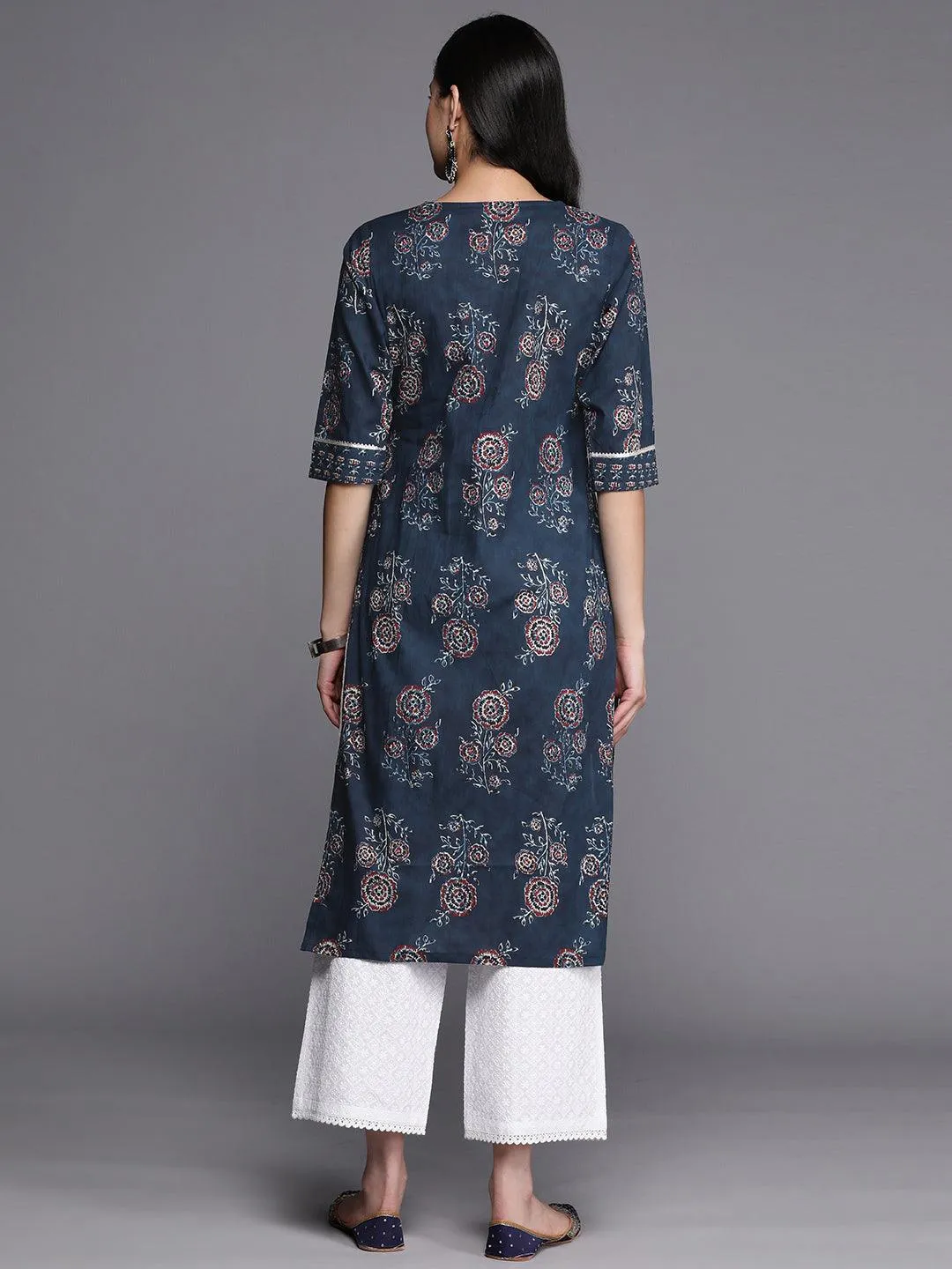 Blue Printed Cotton Straight Kurta