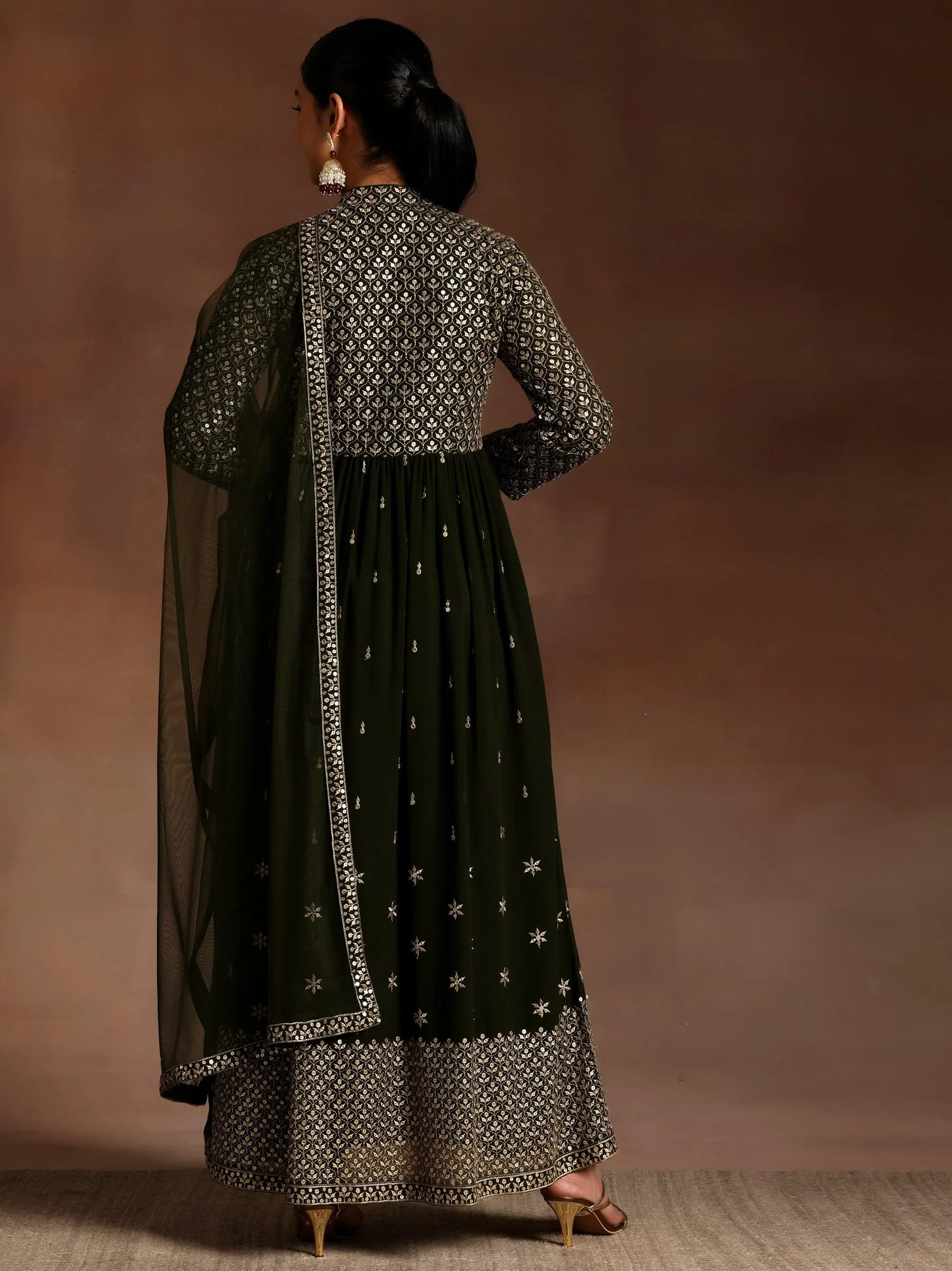New Art Chandni Olive Embroidered Georgette A-Line Kurta With Trousers & Dupatta