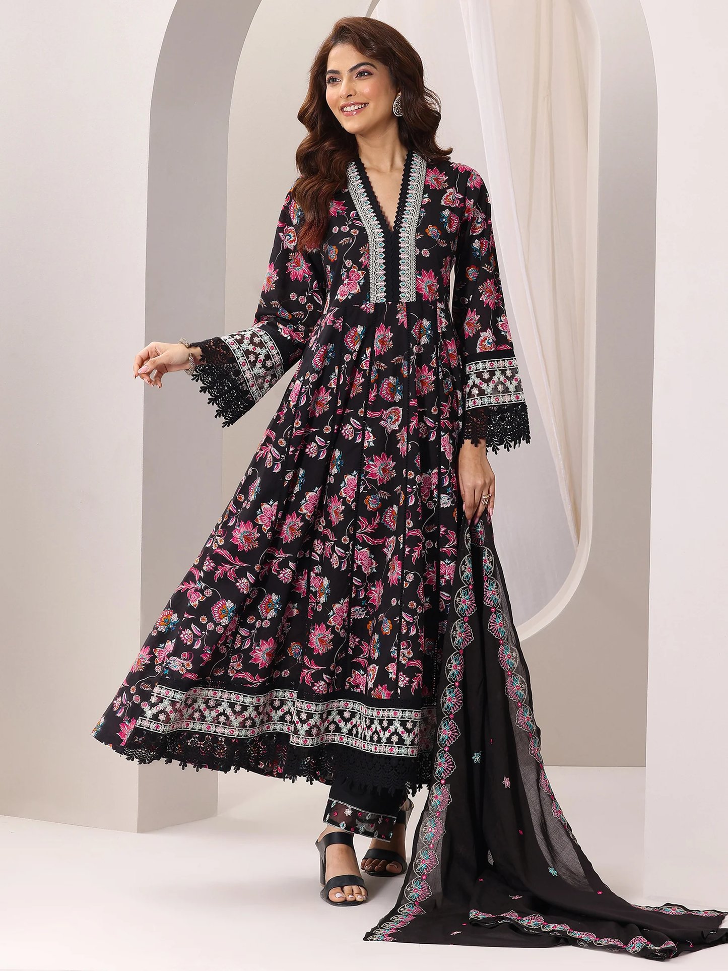 Black Printed Cotton Anarkali Suit Set With Dupatta