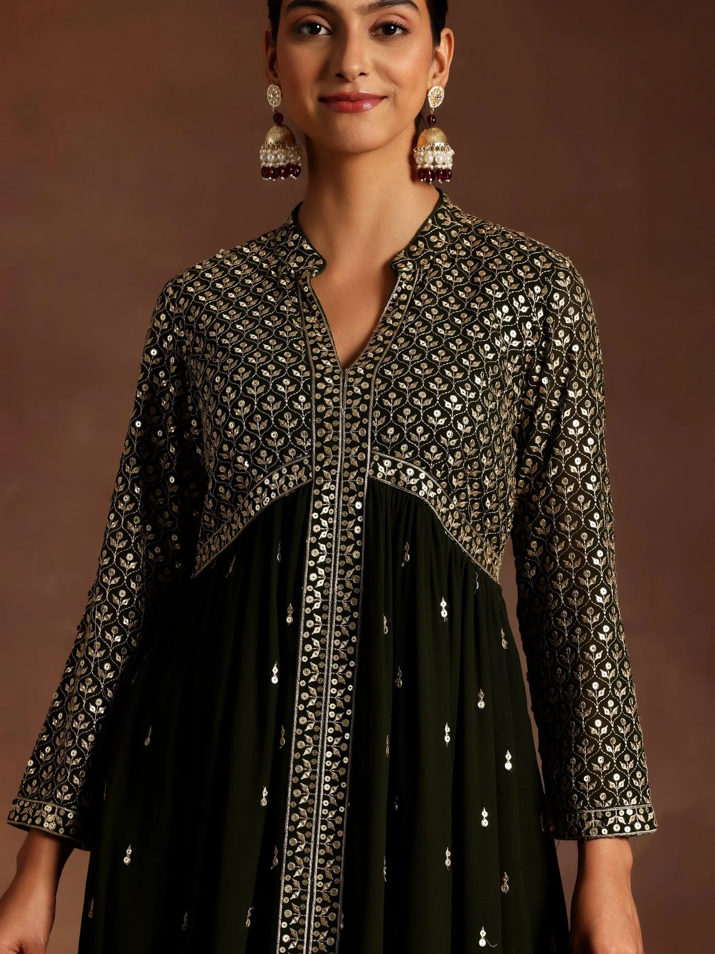New Art Chandni Olive Embroidered Georgette A-Line Kurta With Trousers & Dupatta