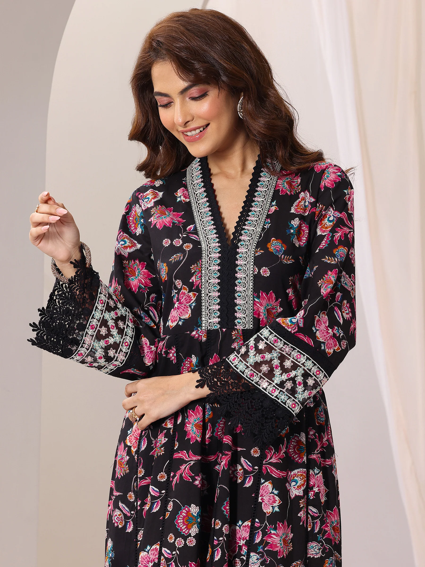 Black Printed Cotton Anarkali Suit Set With Dupatta