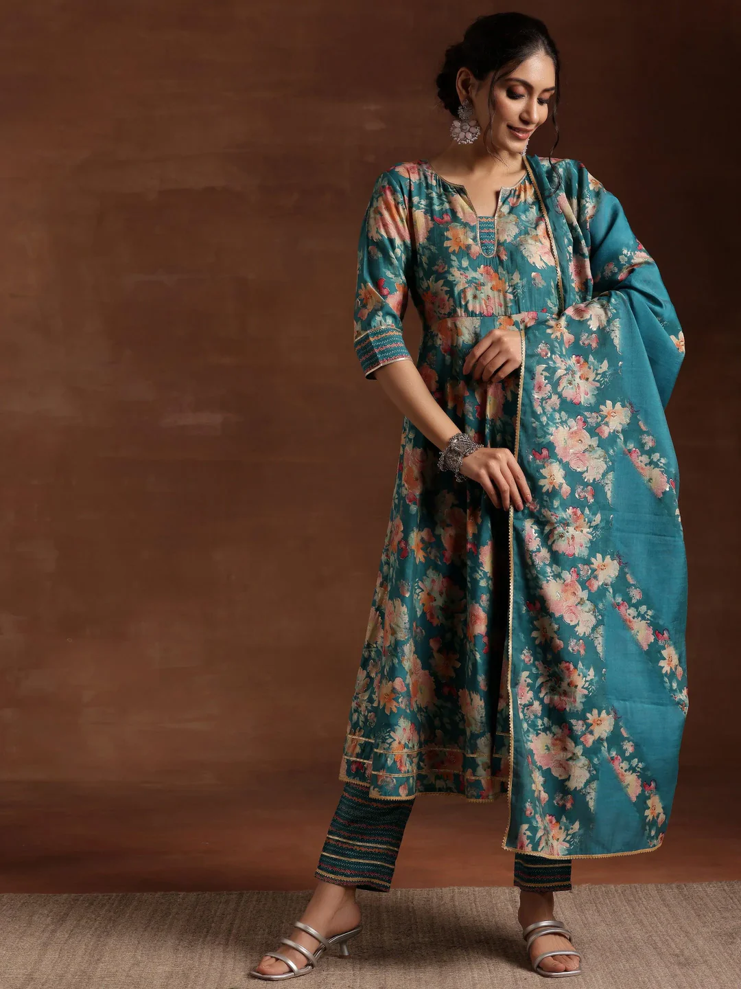 Printed Silk Blend Anarkali Suit With Dupatta (PACK OF 2)