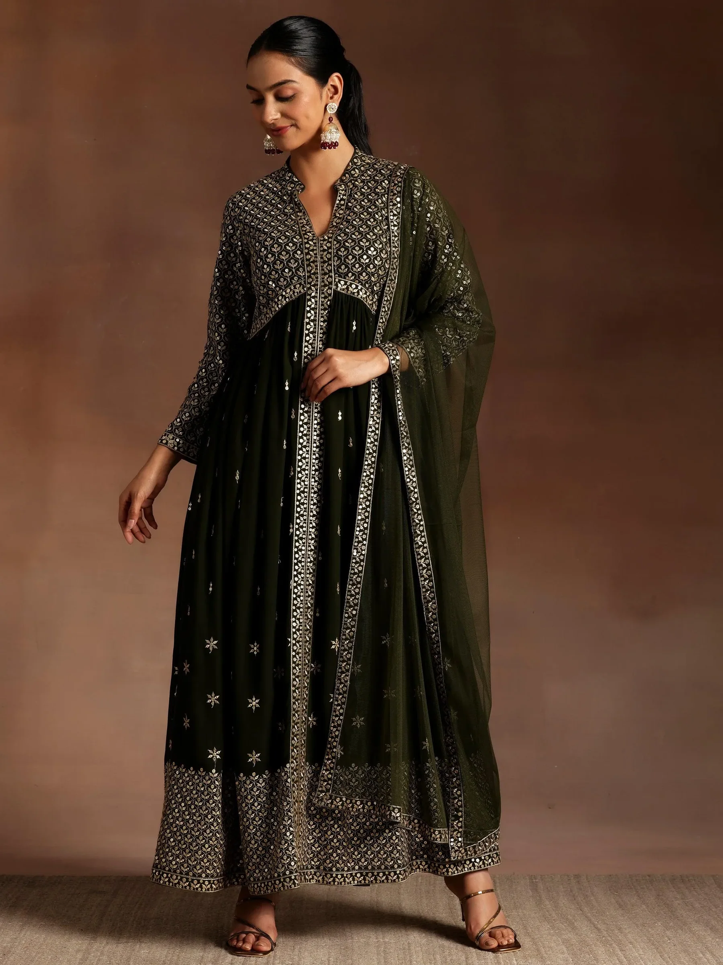 New Art Chandni Olive Embroidered Georgette A-Line Kurta With Trousers & Dupatta