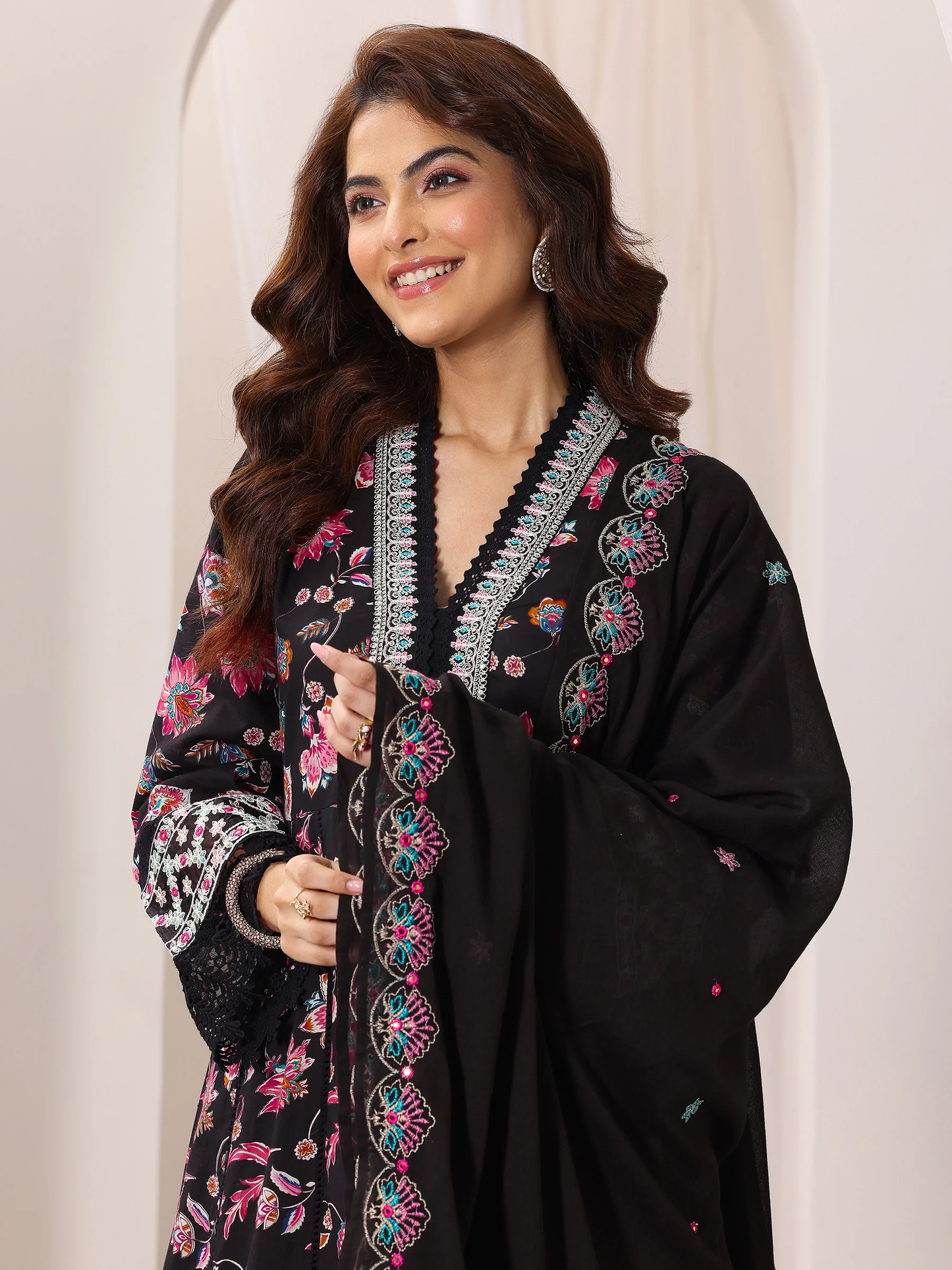 Black Printed Cotton Anarkali Suit Set With Dupatta
