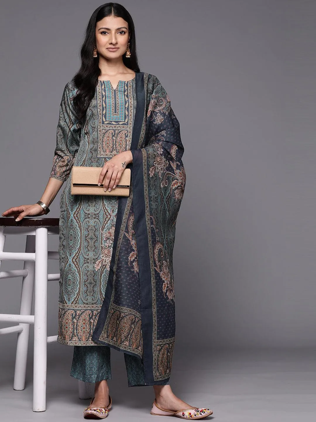 Printed Crepe Straight Kurta With Trousers & Dupatta (PACK OF 2)