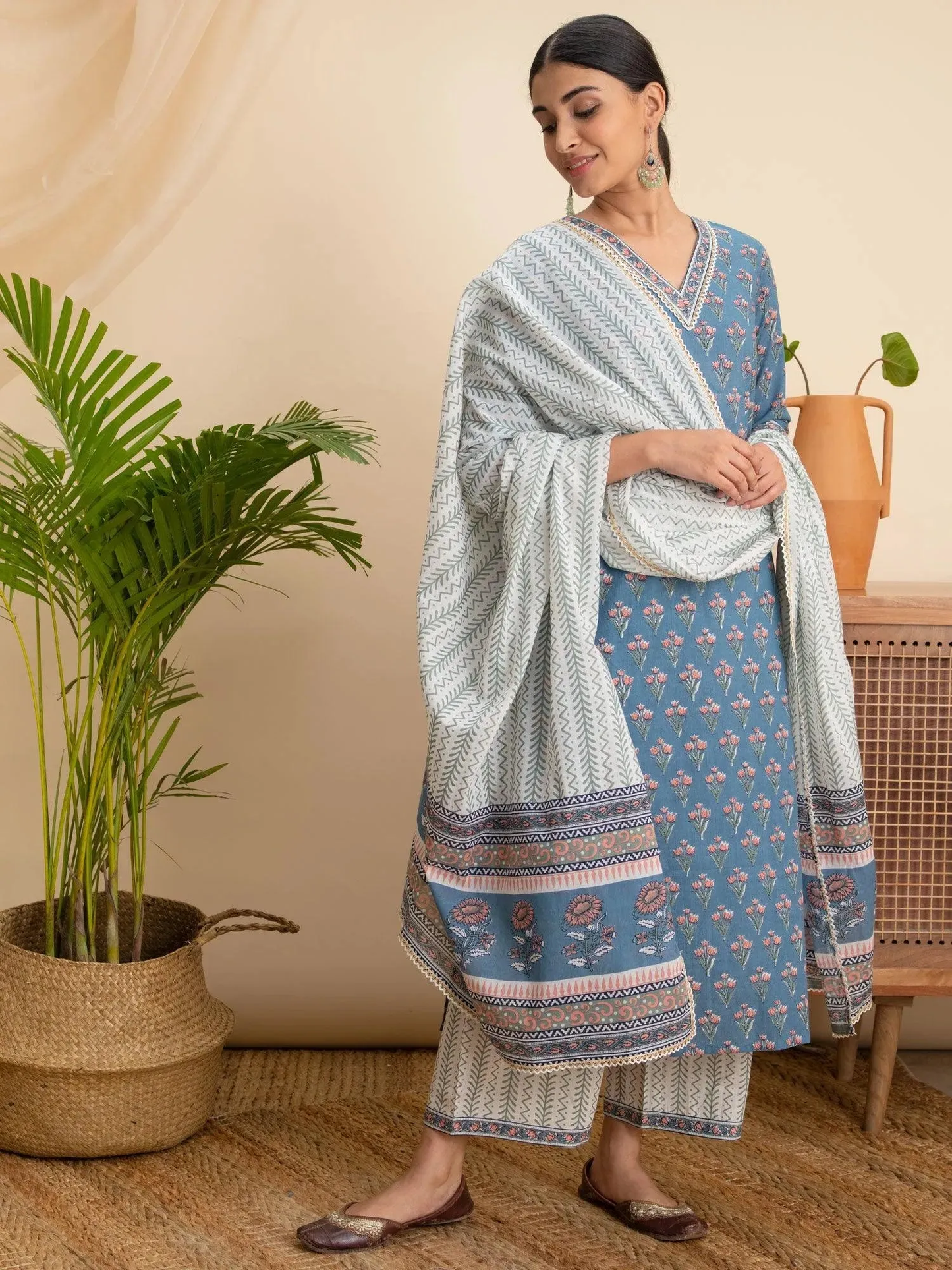 Printed Cotton Straight Kurta With Palazzos & Dupatta (PACK OF 2)