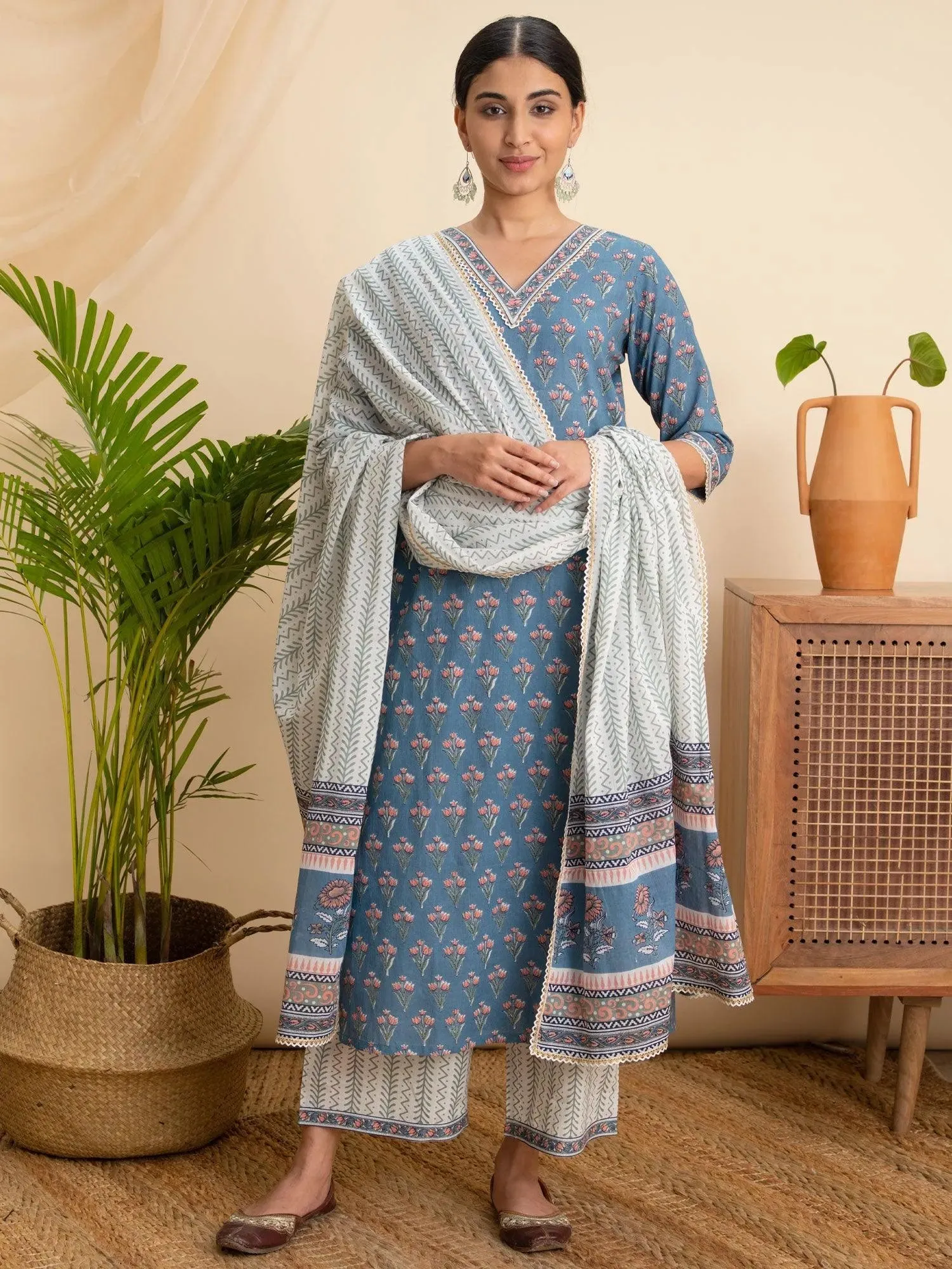 Printed Cotton Straight Kurta With Palazzos & Dupatta (PACK OF 2)