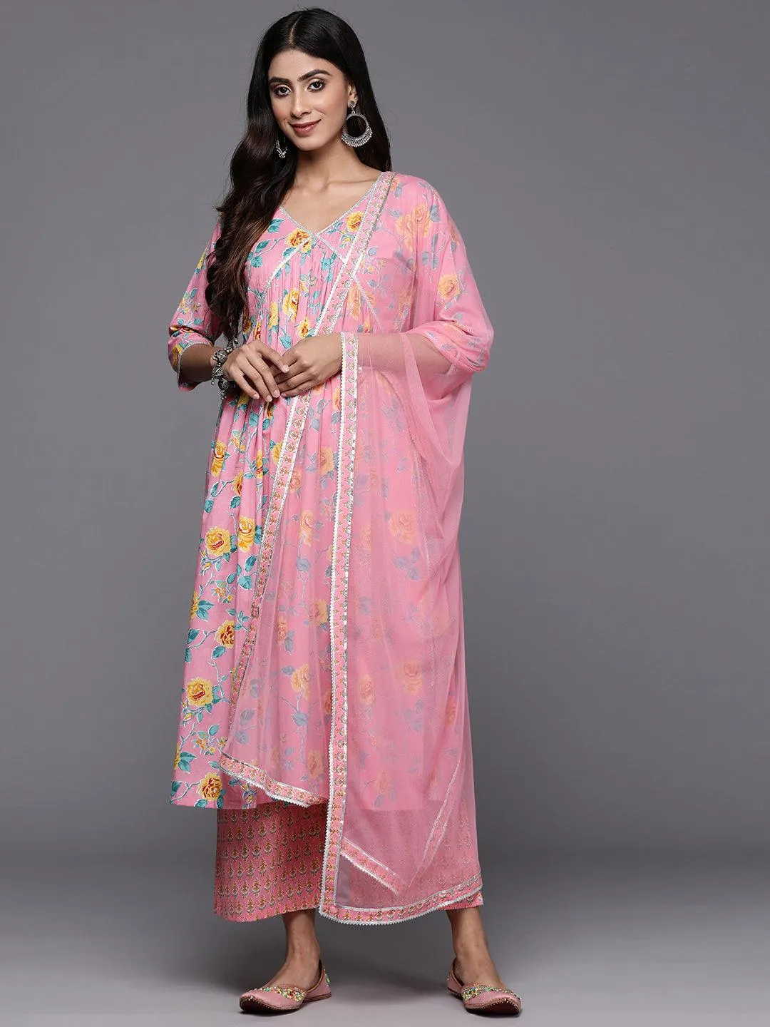 Printed Cotton Straight Kurta With Palazzos & Dupatta (PACK OF 2)
