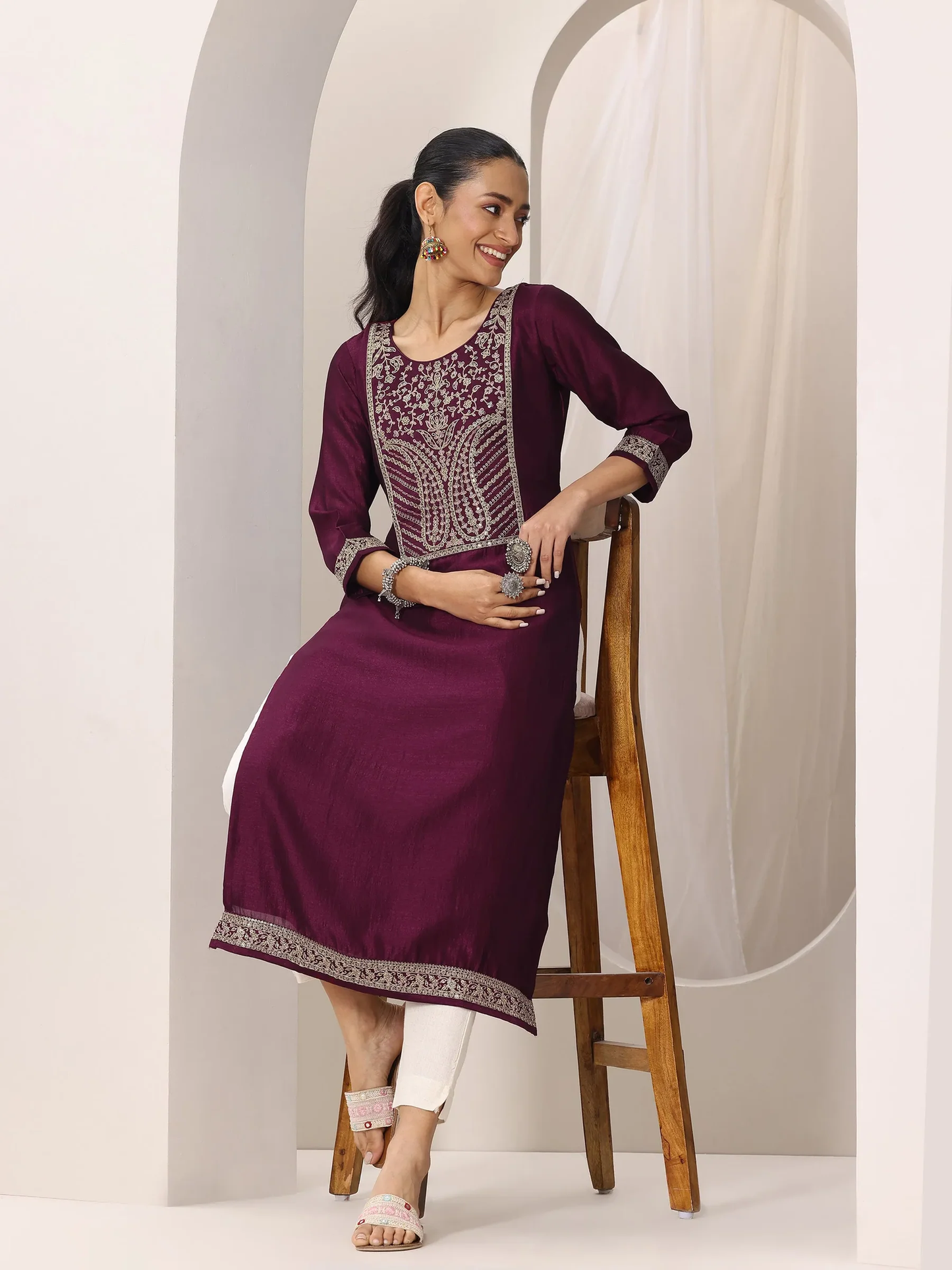 Wine Yoke Design Silk Kurta
