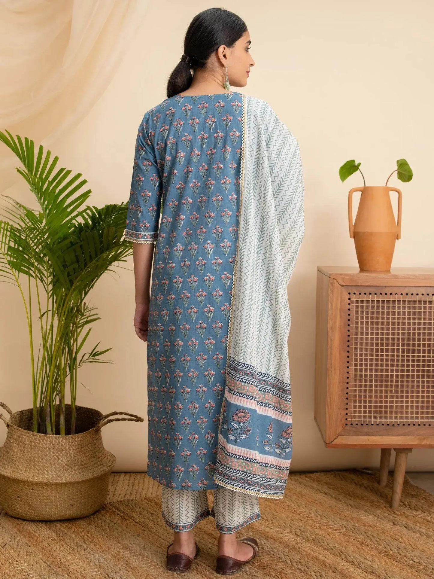 Printed Cotton Straight Kurta With Palazzos & Dupatta (PACK OF 2)