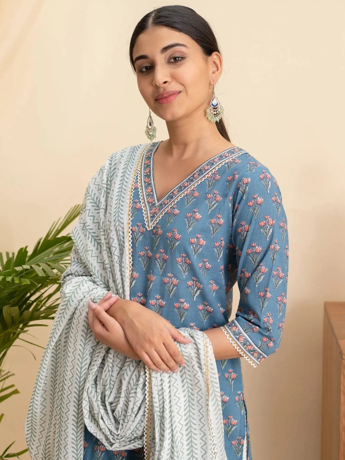 Printed Cotton Straight Kurta With Palazzos & Dupatta (PACK OF 2)