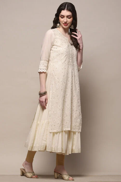 ECRU POLYESTER TIERED KURTA