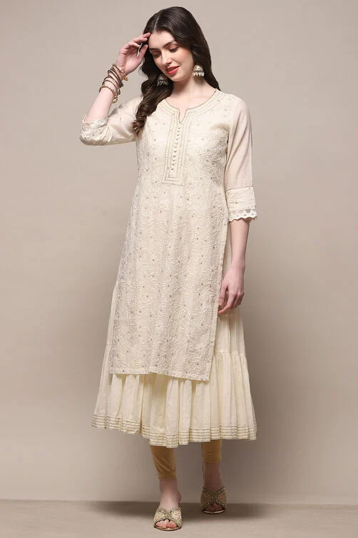 ECRU POLYESTER TIERED KURTA