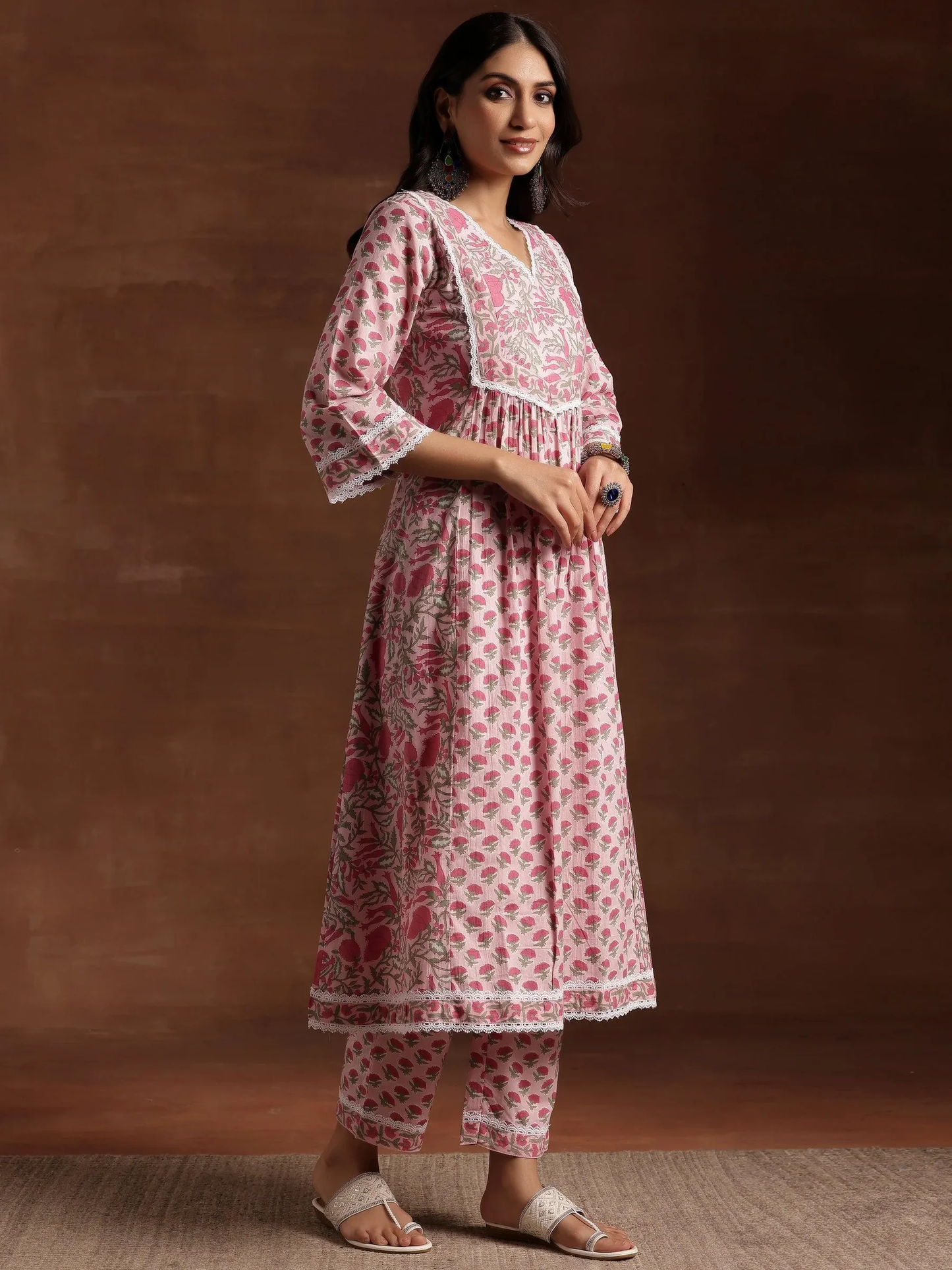 Pink Printed Cotton A-Line Kurta With Palazzos