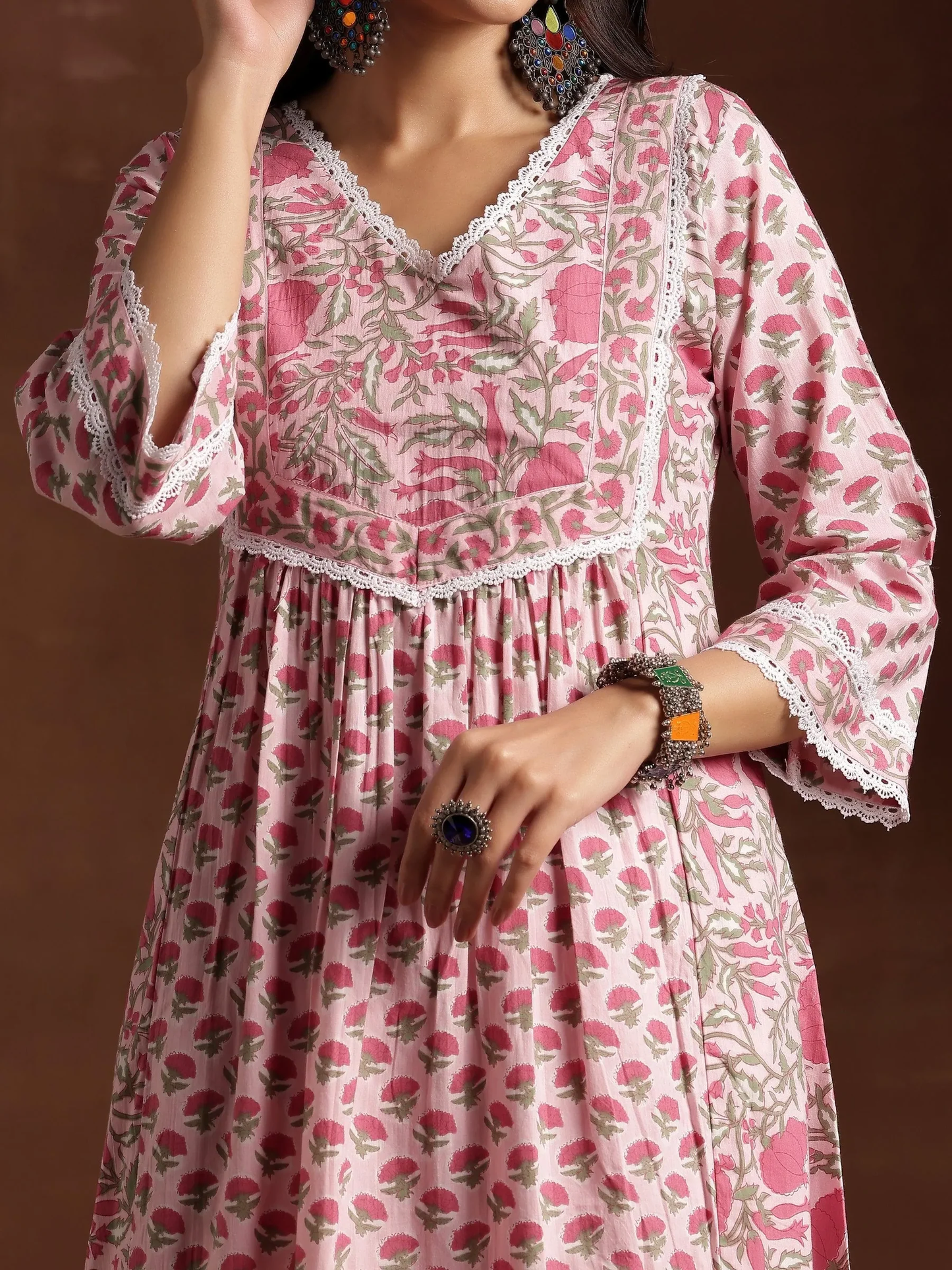 Pink Printed Cotton A-Line Kurta With Palazzos