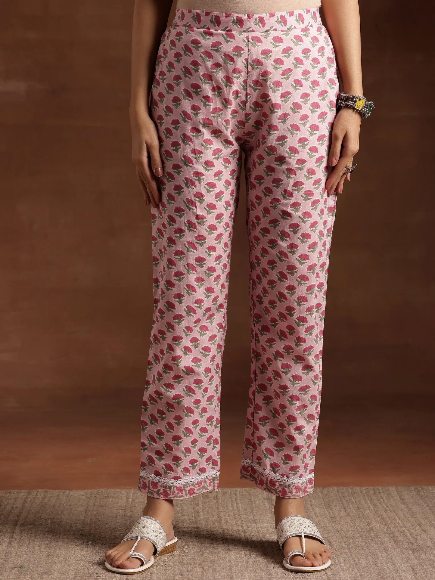 Pink Printed Cotton A-Line Kurta With Palazzos
