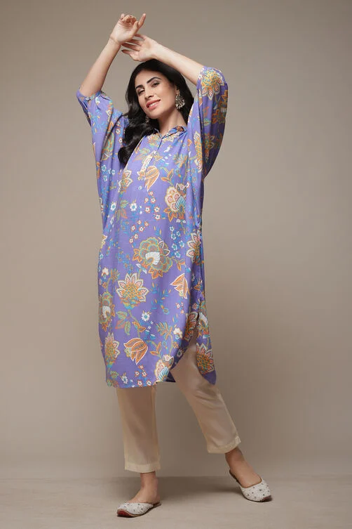 PURPLE RAYON STRAIGHT PRINTED KURTA
