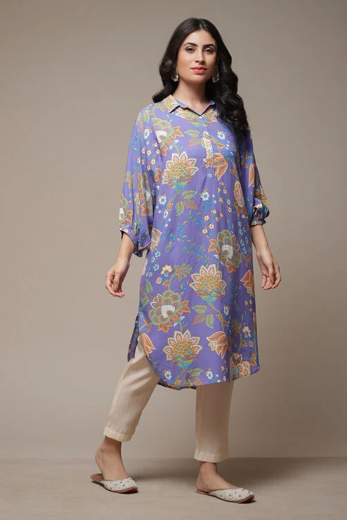 PURPLE RAYON STRAIGHT PRINTED KURTA