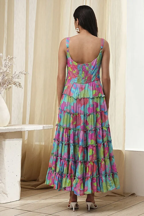 TURQUOISE COTTON FLORAL PRINTED TIERED DRESS