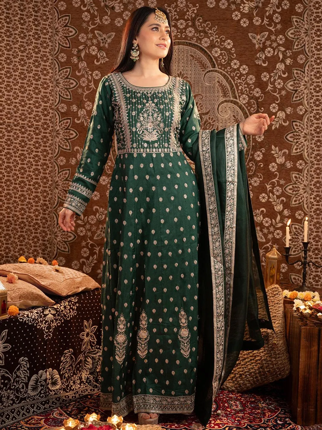 New Art Bottle Green Embroidered Silk A-Line Kurta With Trousers & Dupatta