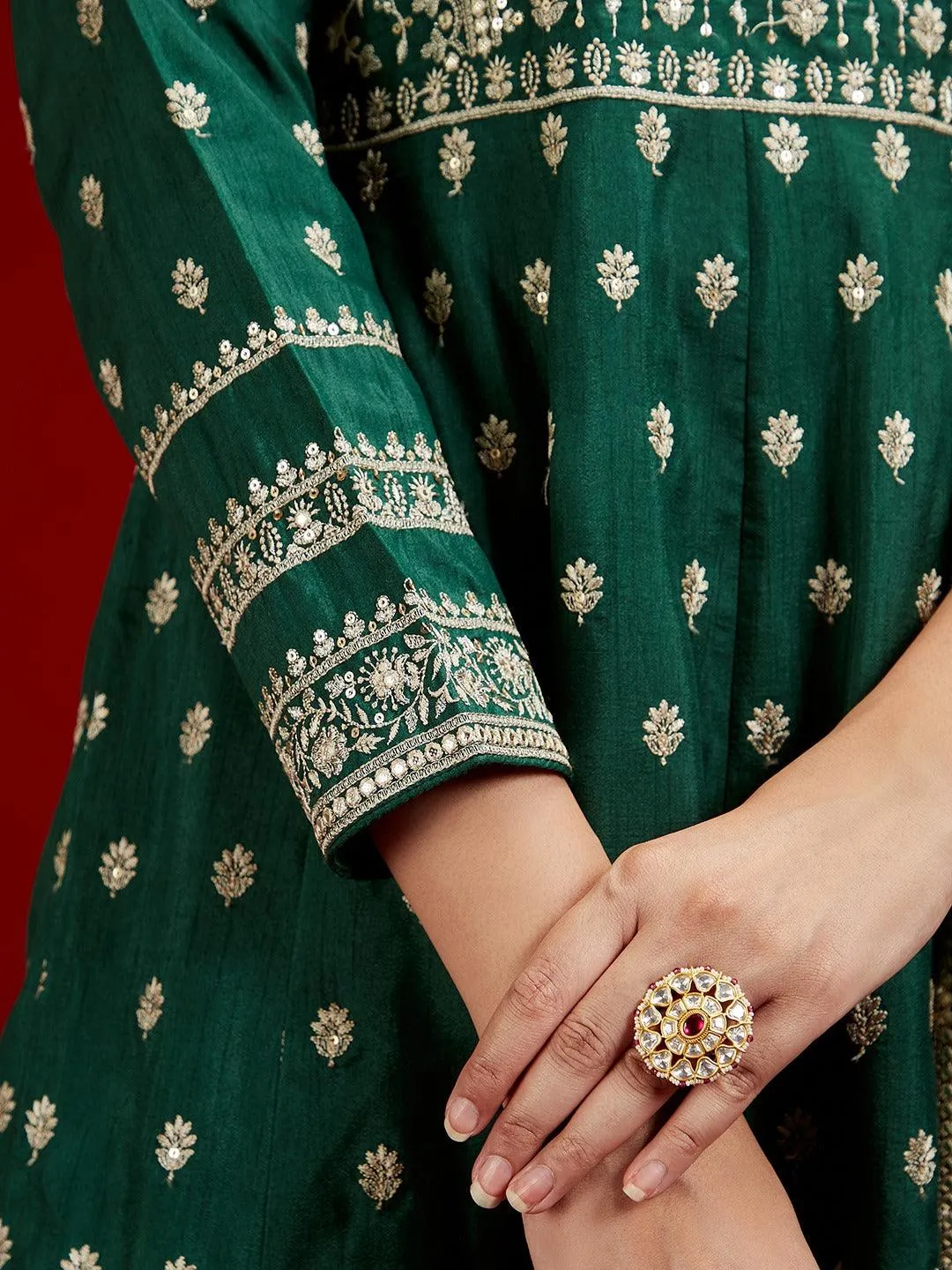 New Art Bottle Green Embroidered Silk A-Line Kurta With Trousers & Dupatta