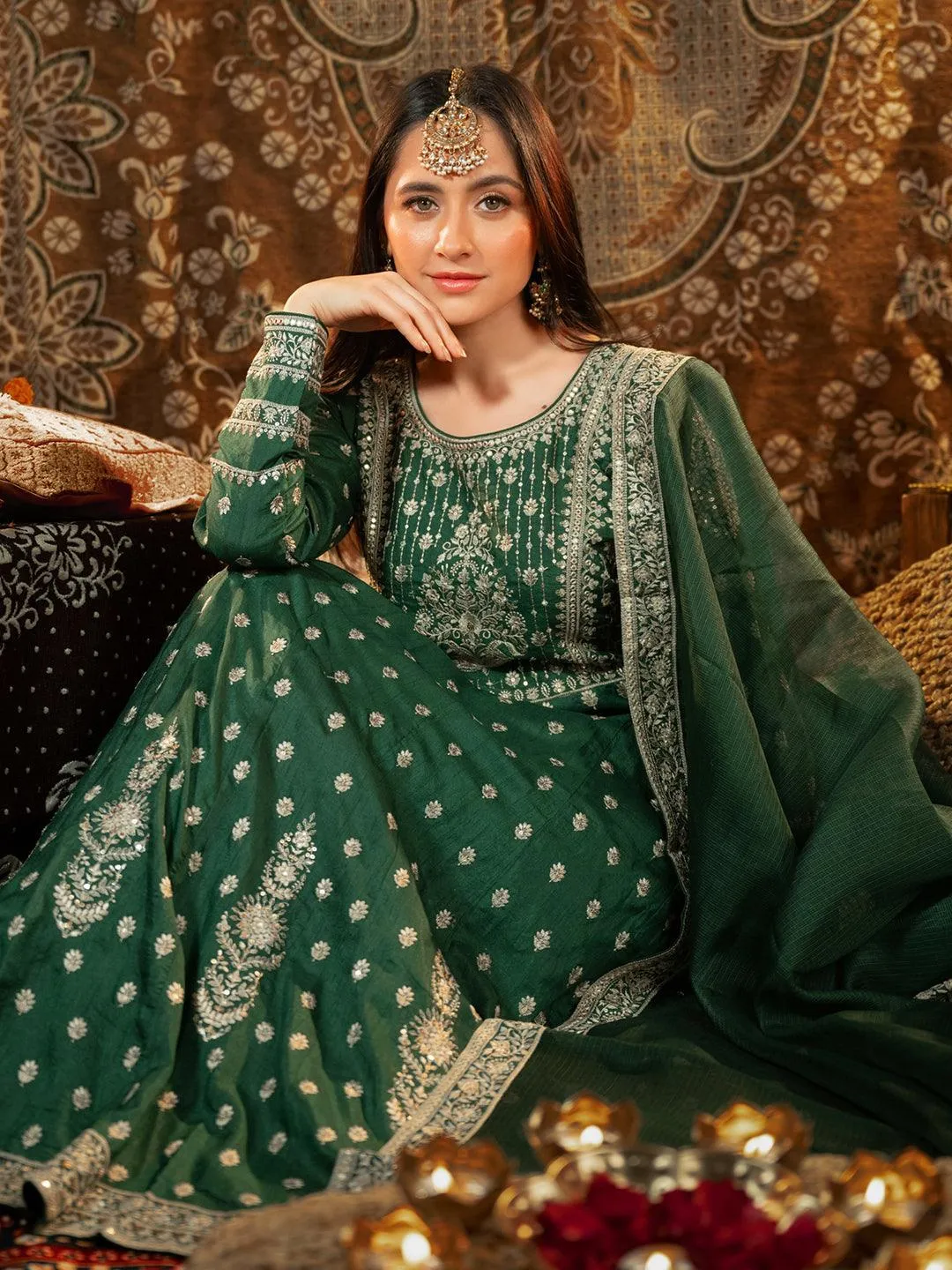 New Art Bottle Green Embroidered Silk A-Line Kurta With Trousers & Dupatta