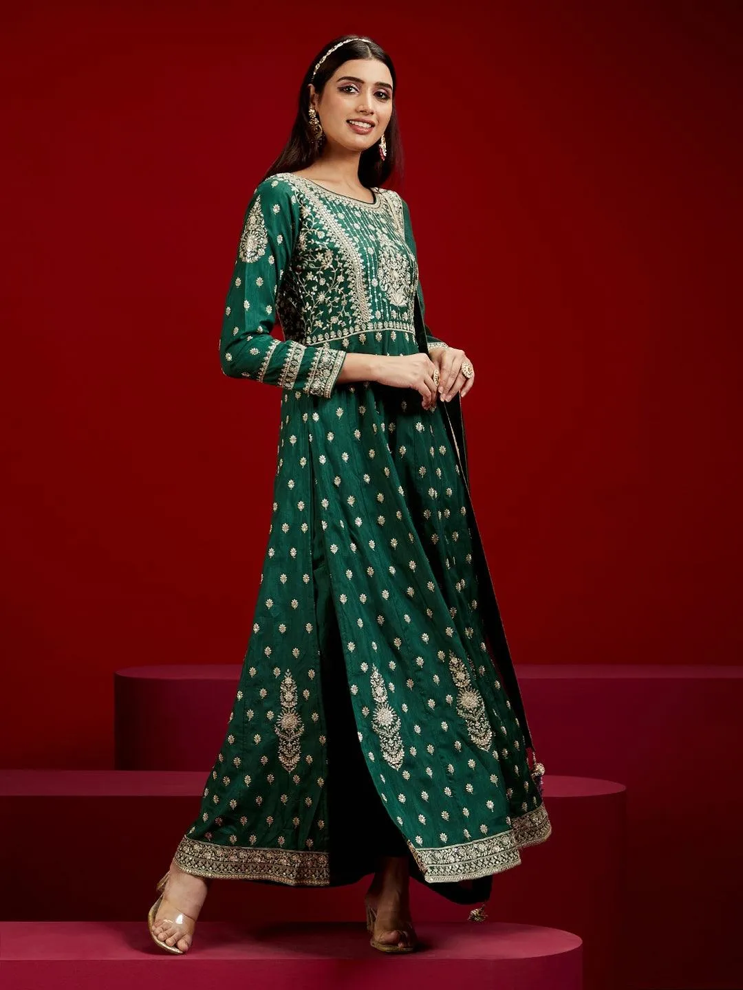New Art Bottle Green Embroidered Silk A-Line Kurta With Trousers & Dupatta