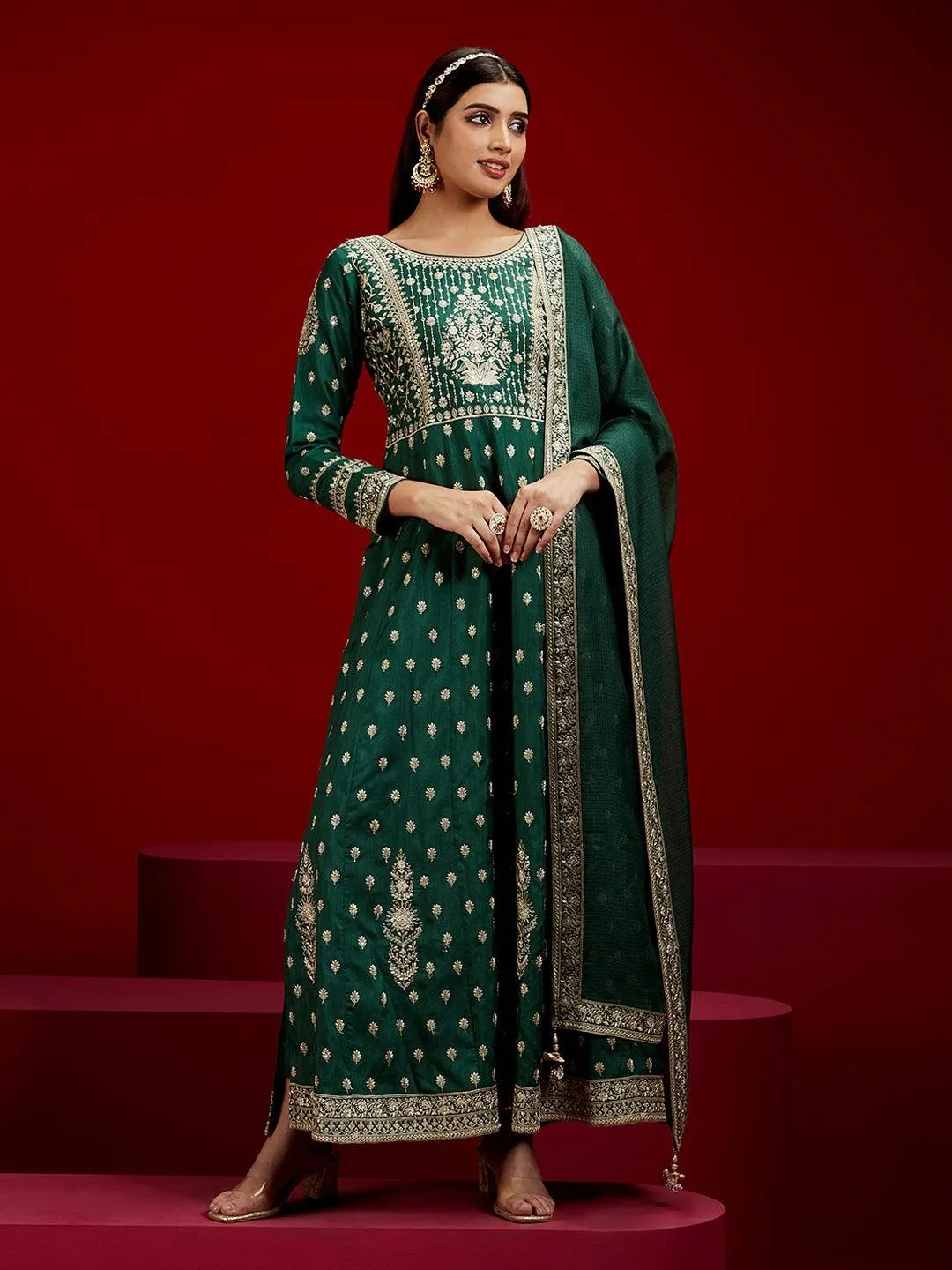 New Art Bottle Green Embroidered Silk A-Line Kurta With Trousers & Dupatta