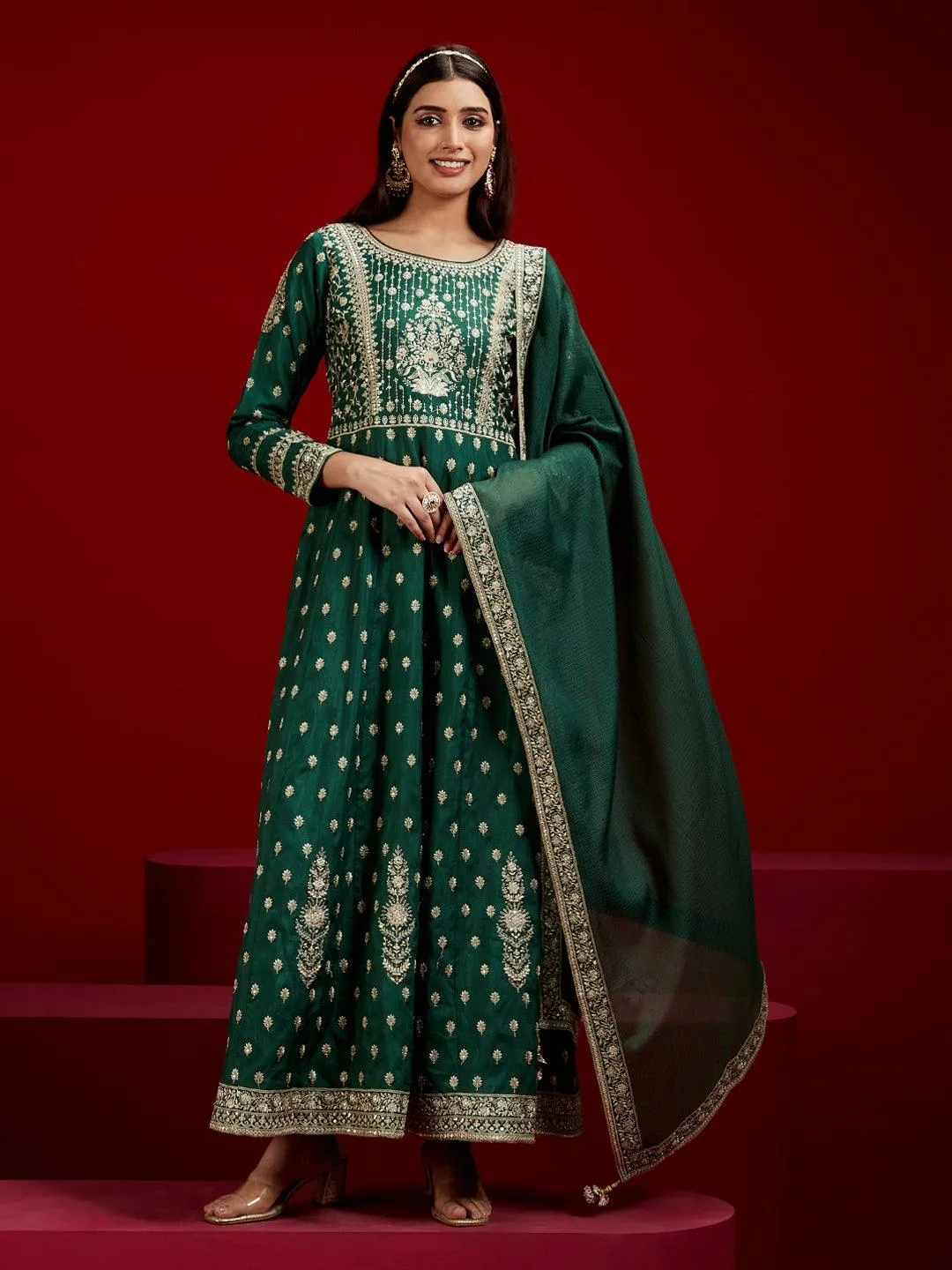 New Art Bottle Green Embroidered Silk A-Line Kurta With Trousers & Dupatta