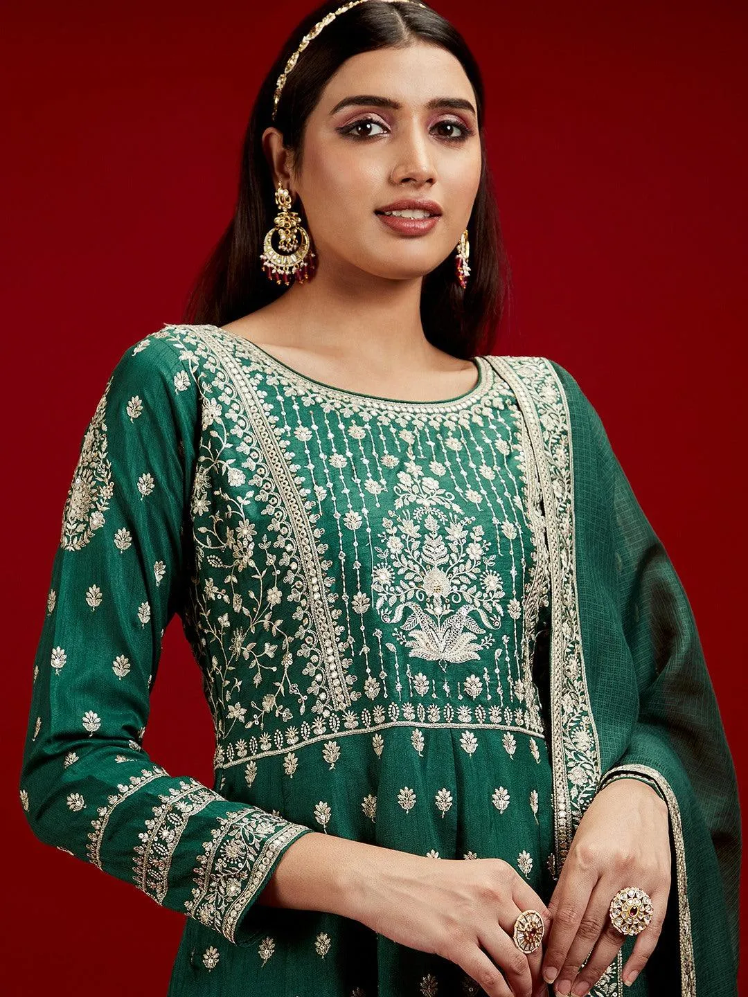 New Art Bottle Green Embroidered Silk A-Line Kurta With Trousers & Dupatta