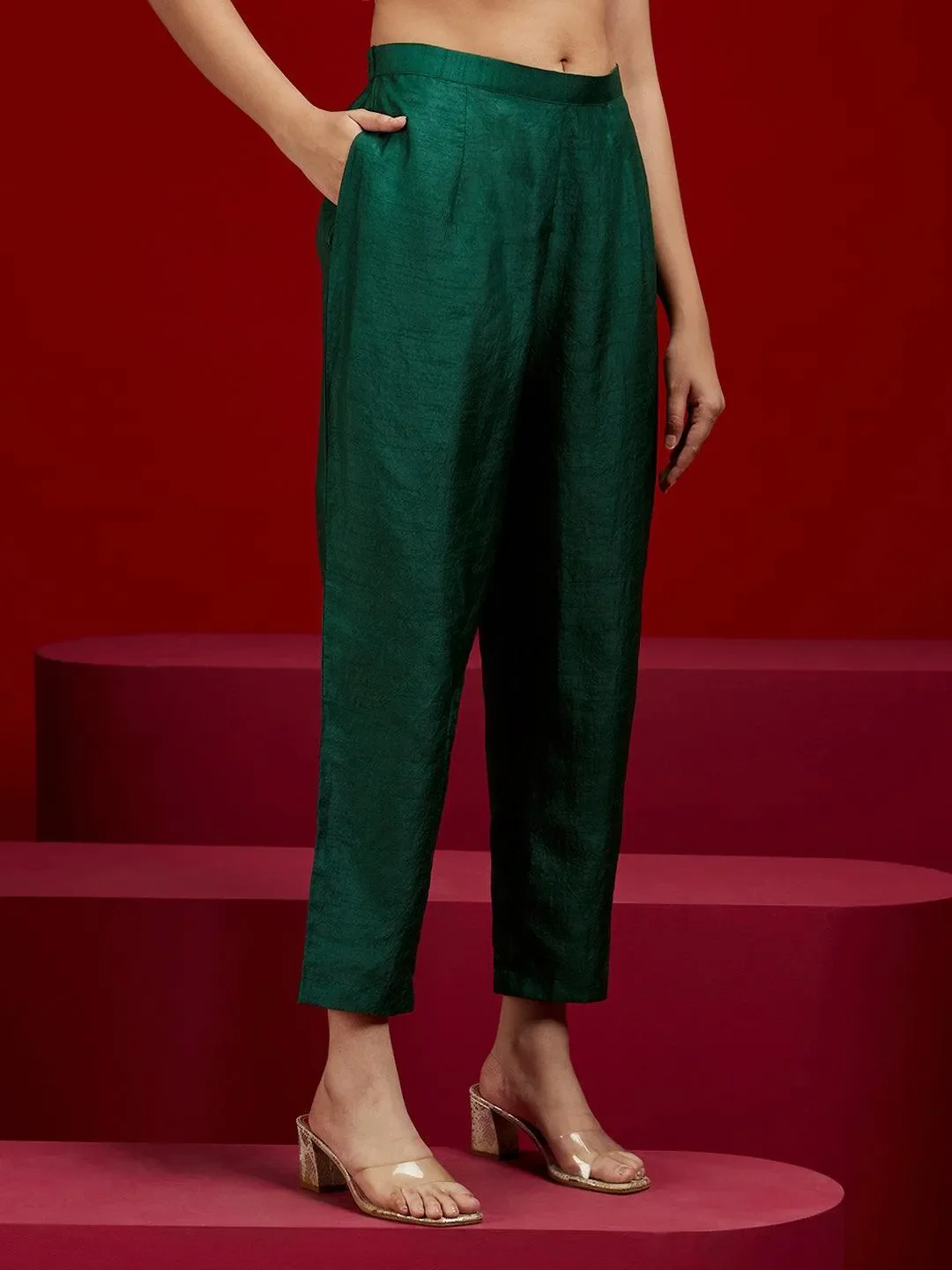 New Art Bottle Green Embroidered Silk A-Line Kurta With Trousers & Dupatta