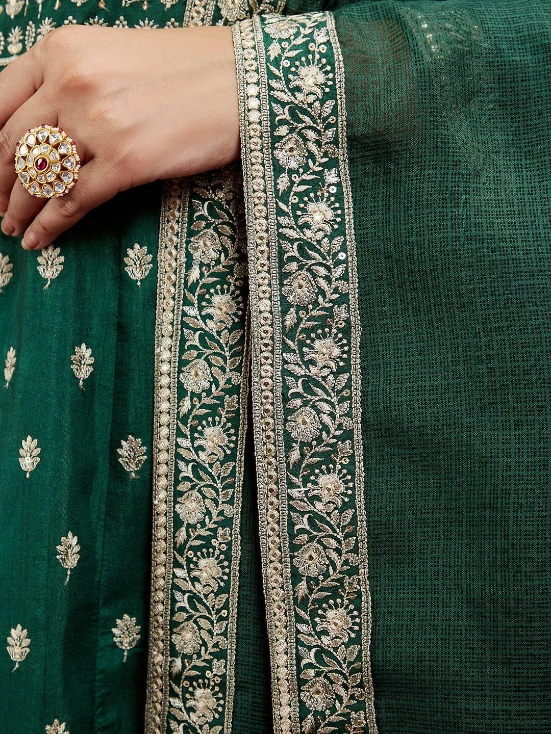 New Art Bottle Green Embroidered Silk A-Line Kurta With Trousers & Dupatta