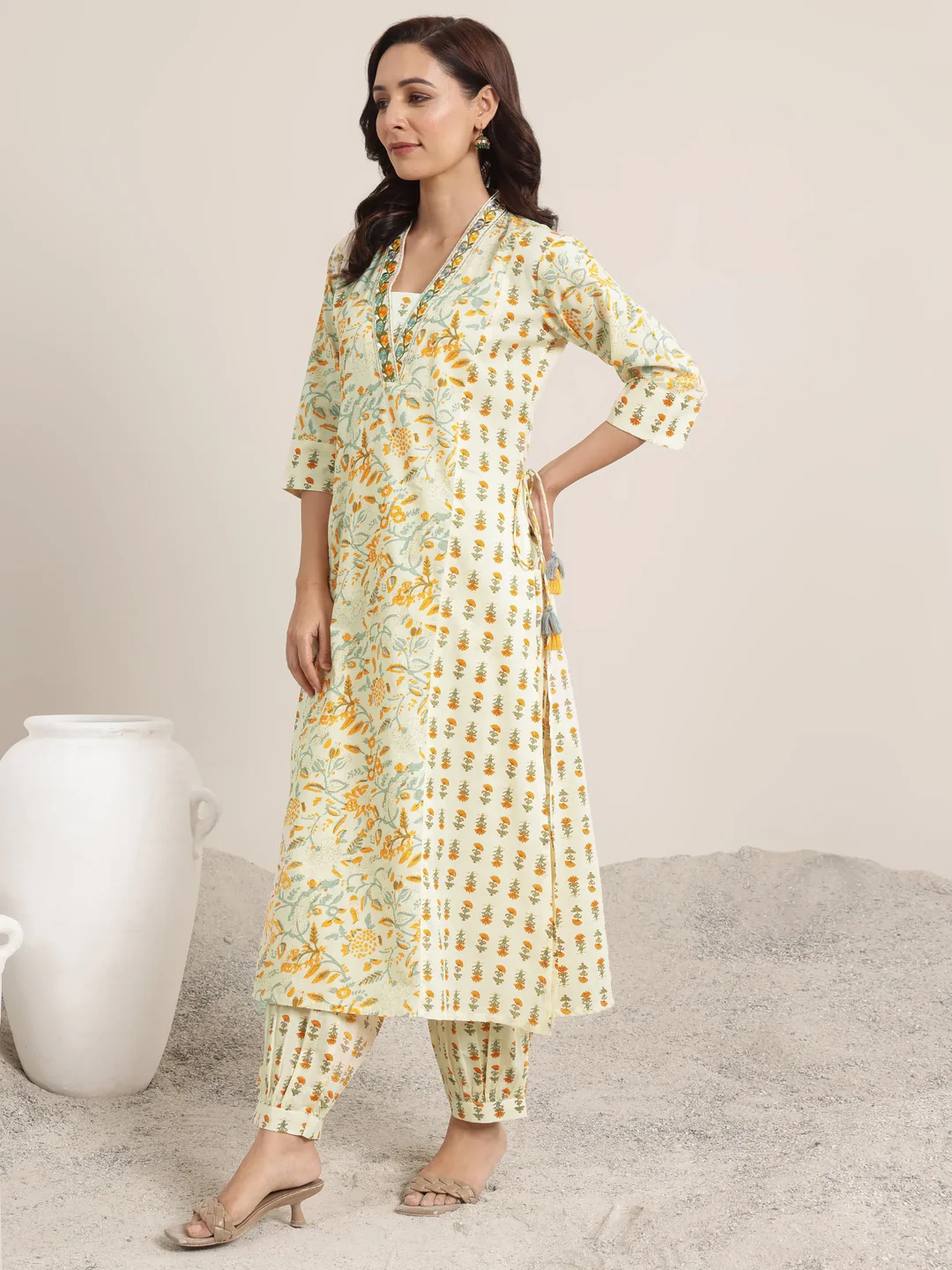 Yellow Printed Cotton A-Line Suit Set With Dupatta