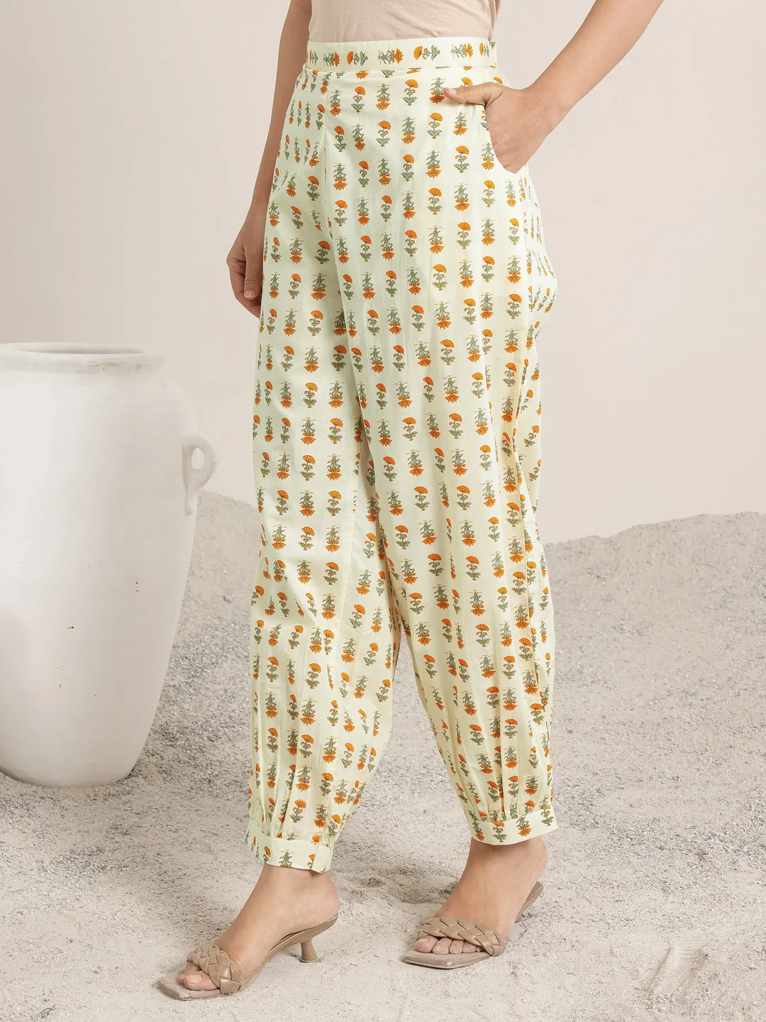 Yellow Printed Cotton A-Line Suit Set With Dupatta
