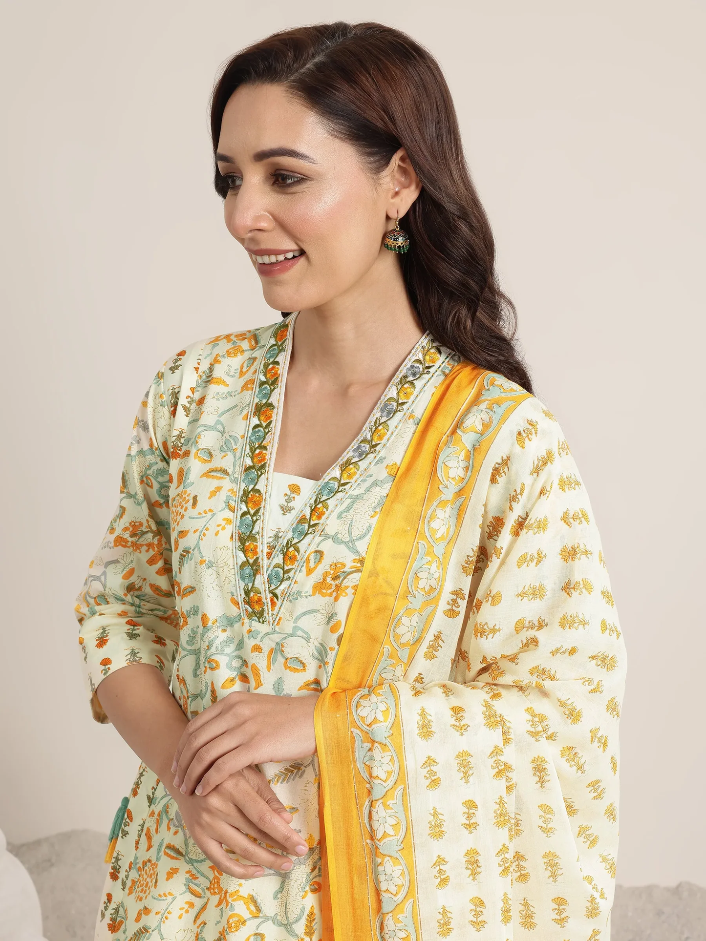 Yellow Printed Cotton A-Line Suit Set With Dupatta