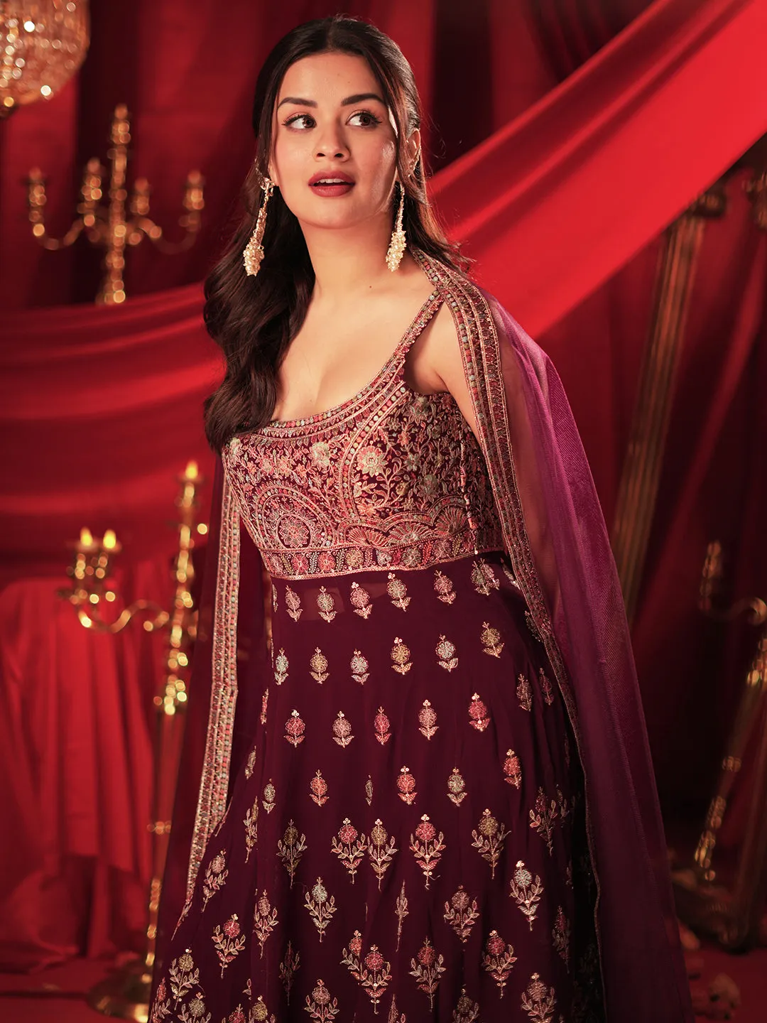 Mehreen Art Wine Embroidered Georgette A-Line Kurta With Palazzos & Dupatta