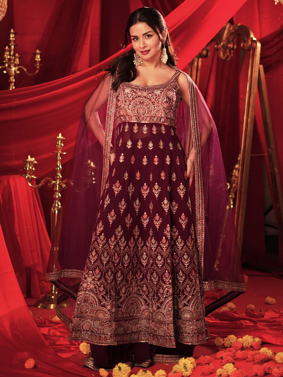 Mehreen Art Wine Embroidered Georgette A-Line Kurta With Palazzos & Dupatta
