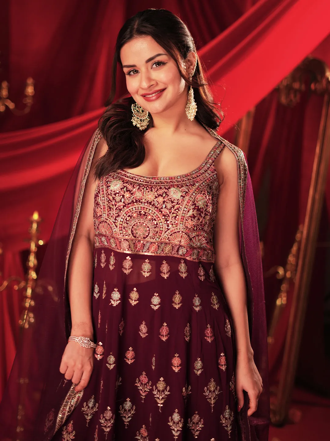 Mehreen Art Wine Embroidered Georgette A-Line Kurta With Palazzos & Dupatta